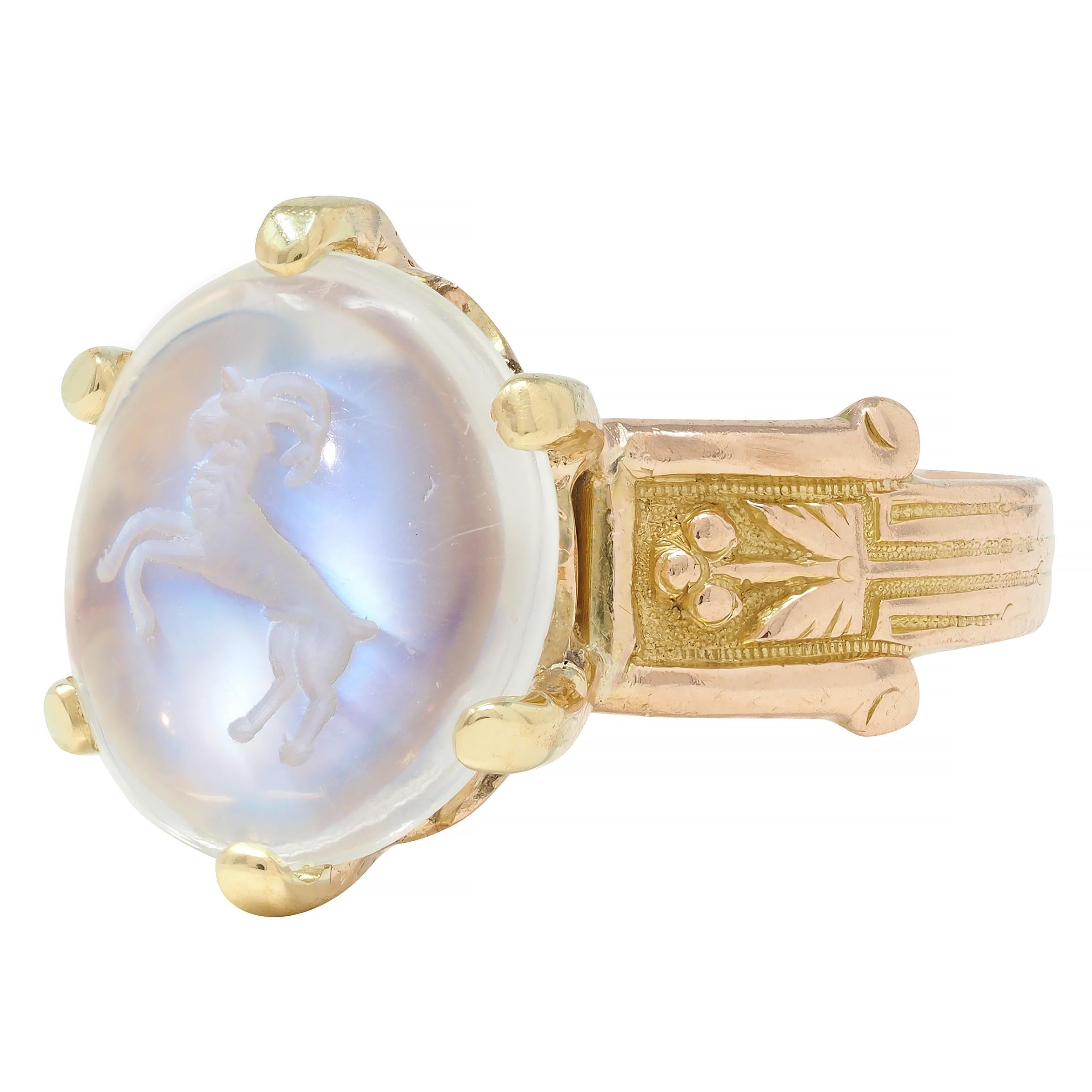 Victorian Moonstone 14 Karat Yellow Gold Ram Intaglio Thistle Antique Ring