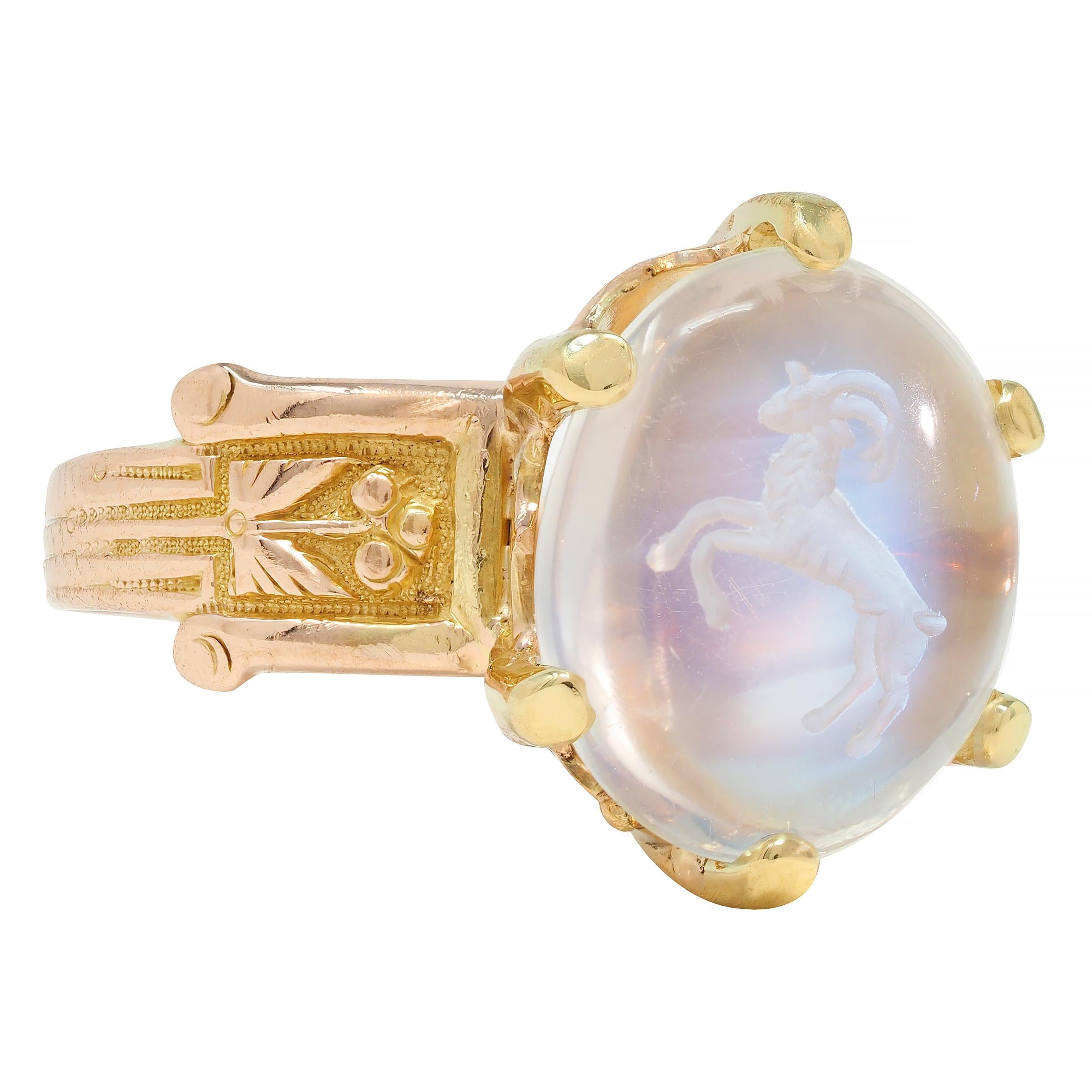 Victorian Moonstone 14 Karat Yellow Gold Ram Intaglio Thistle Antique Ring