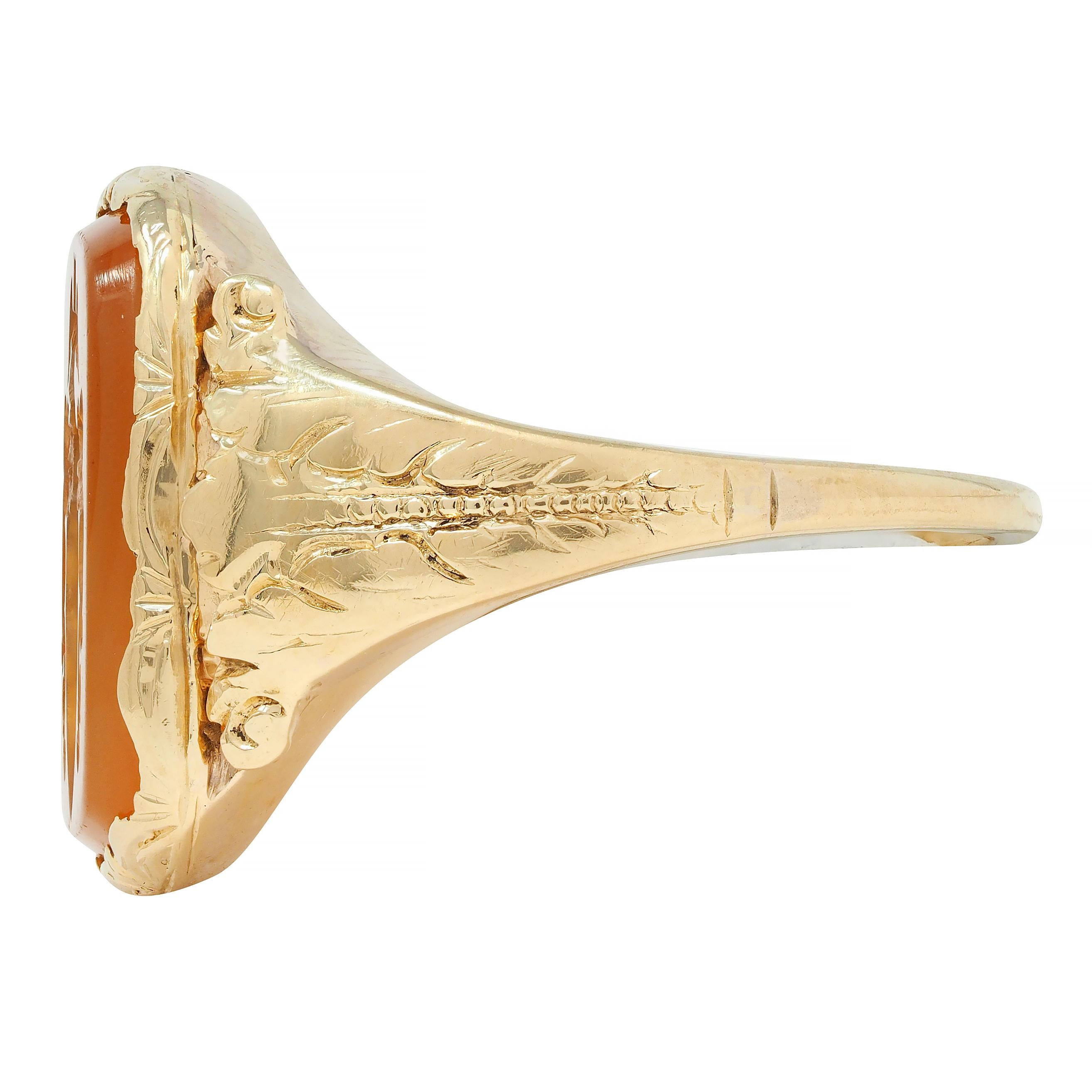 Victorian Citrine 14 Karat Yellow Gold Intaglio Antique Unisex Owl Signet Ring
