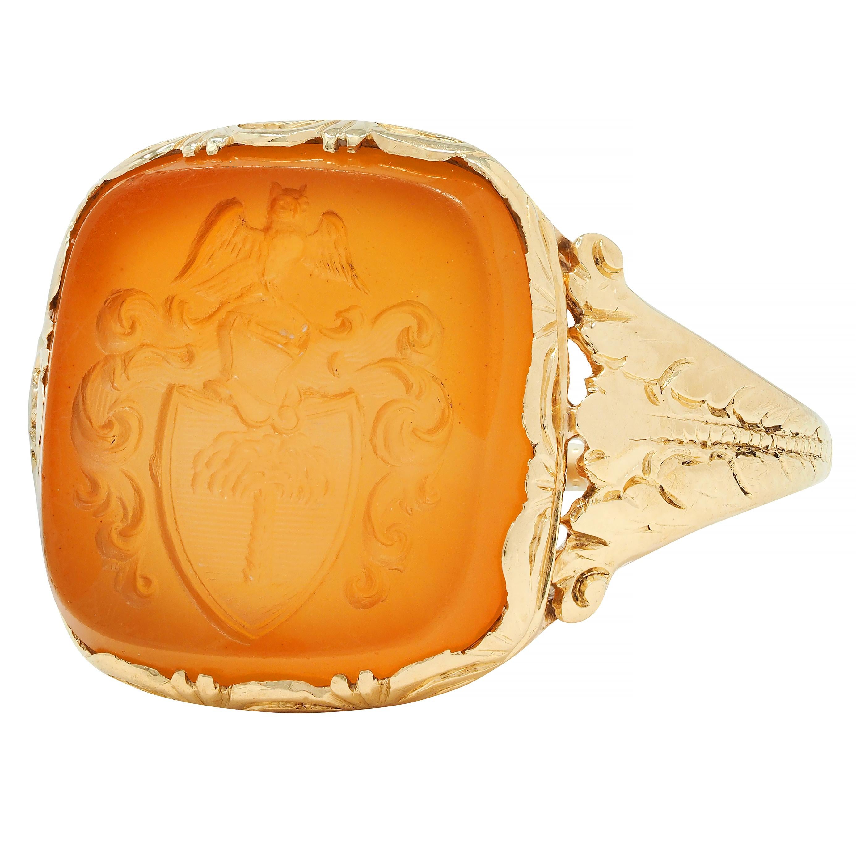 Victorian Citrine 14 Karat Yellow Gold Intaglio Antique Unisex Owl Signet Ring