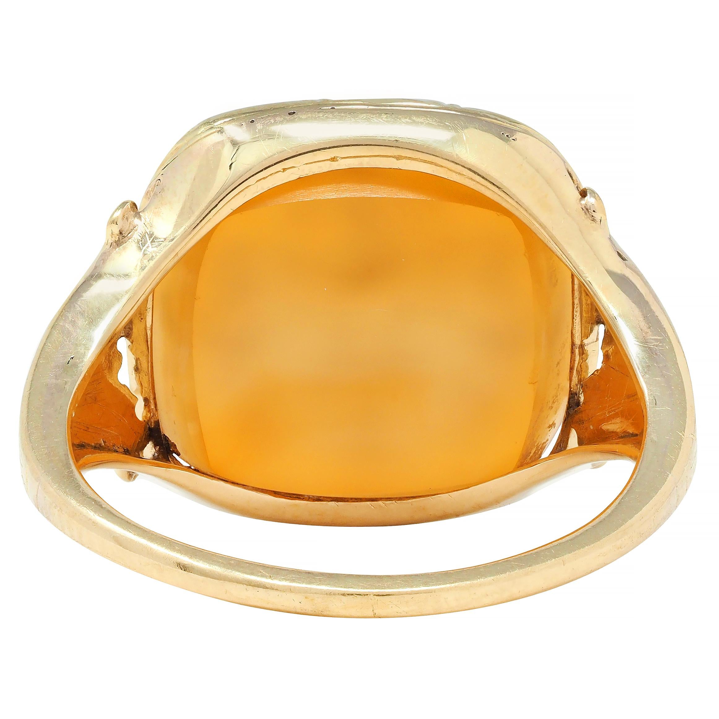 Victorian Citrine 14 Karat Yellow Gold Intaglio Antique Unisex Owl Signet Ring