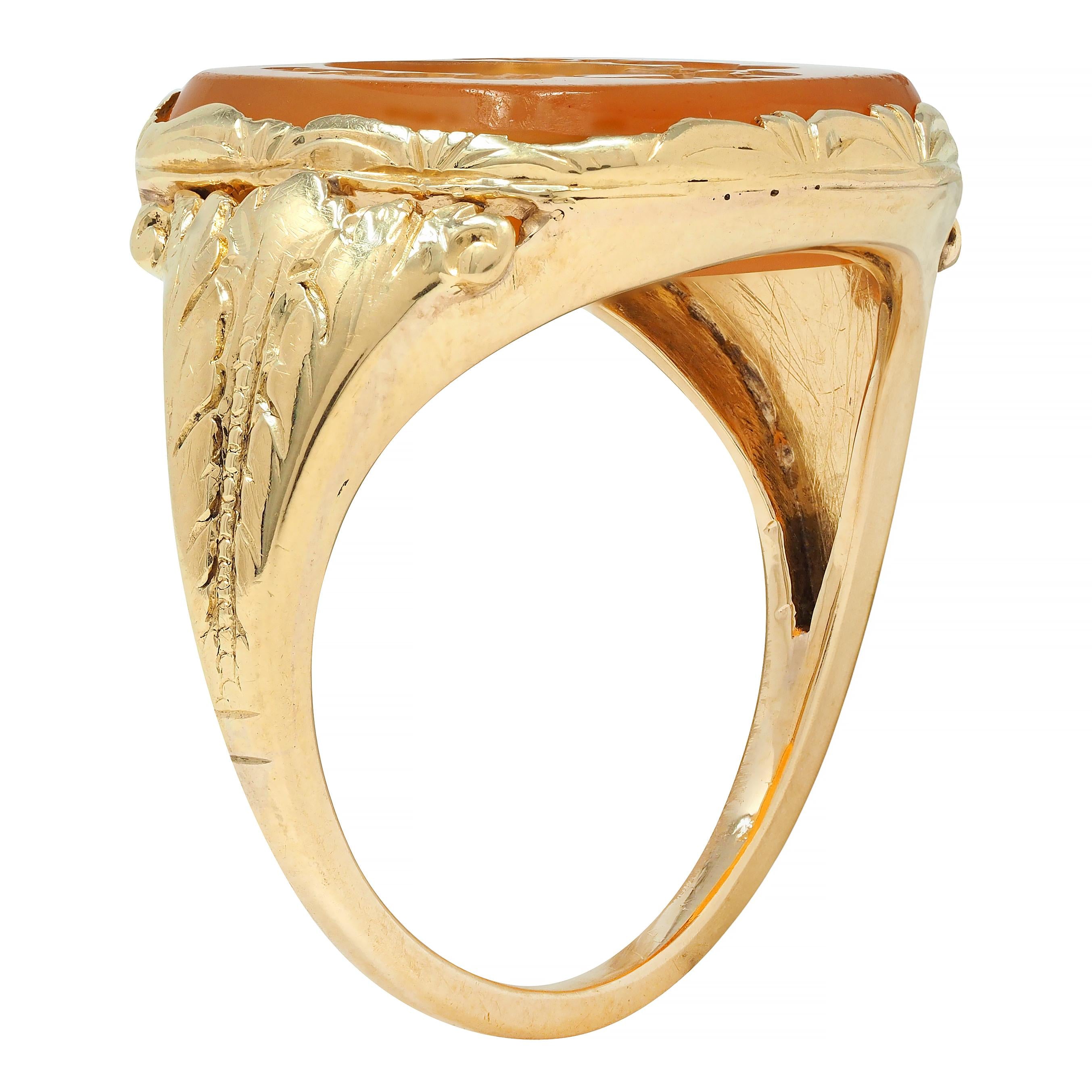 Victorian Citrine 14 Karat Yellow Gold Intaglio Antique Unisex Owl Signet Ring