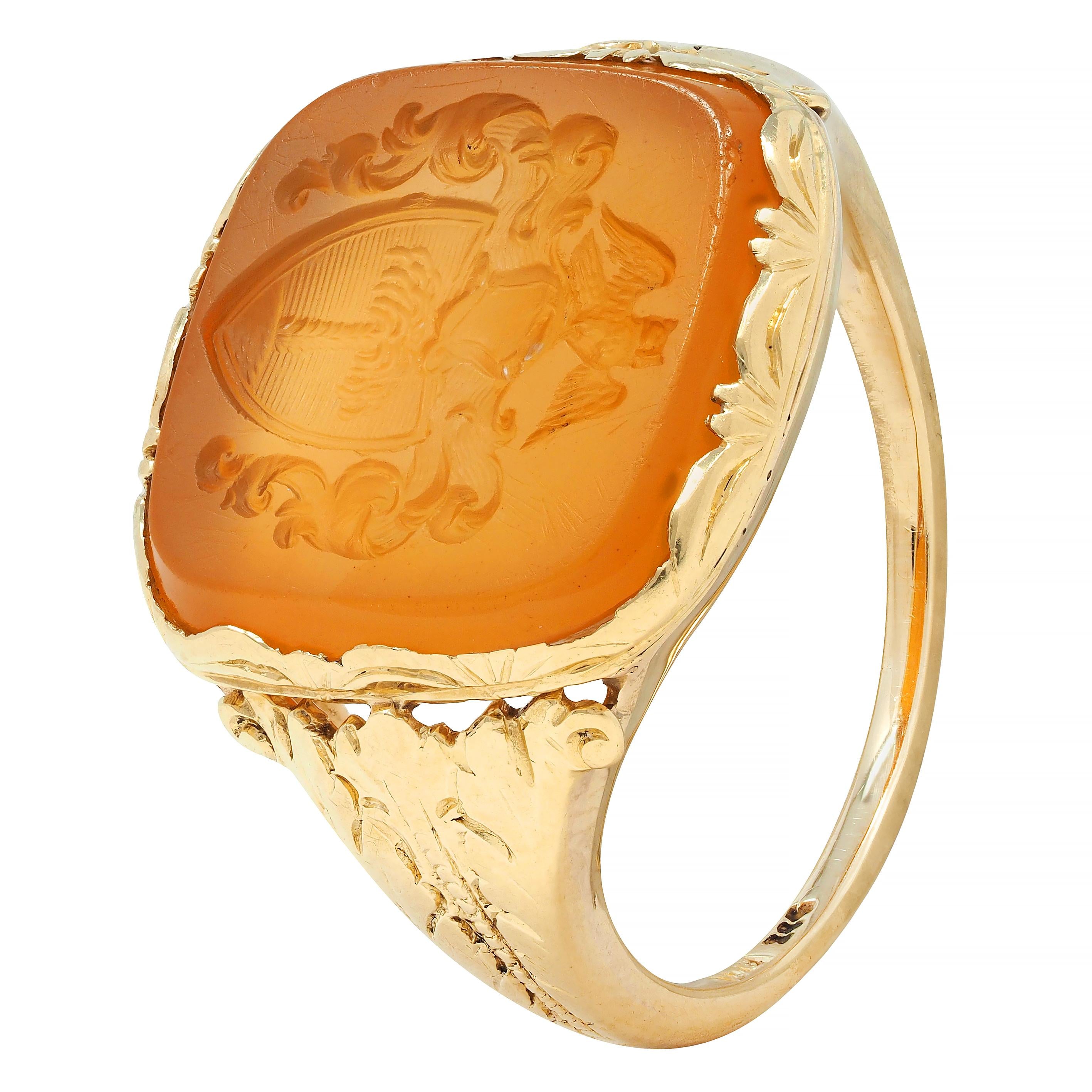 Victorian Citrine 14 Karat Yellow Gold Intaglio Antique Unisex Owl Signet Ring
