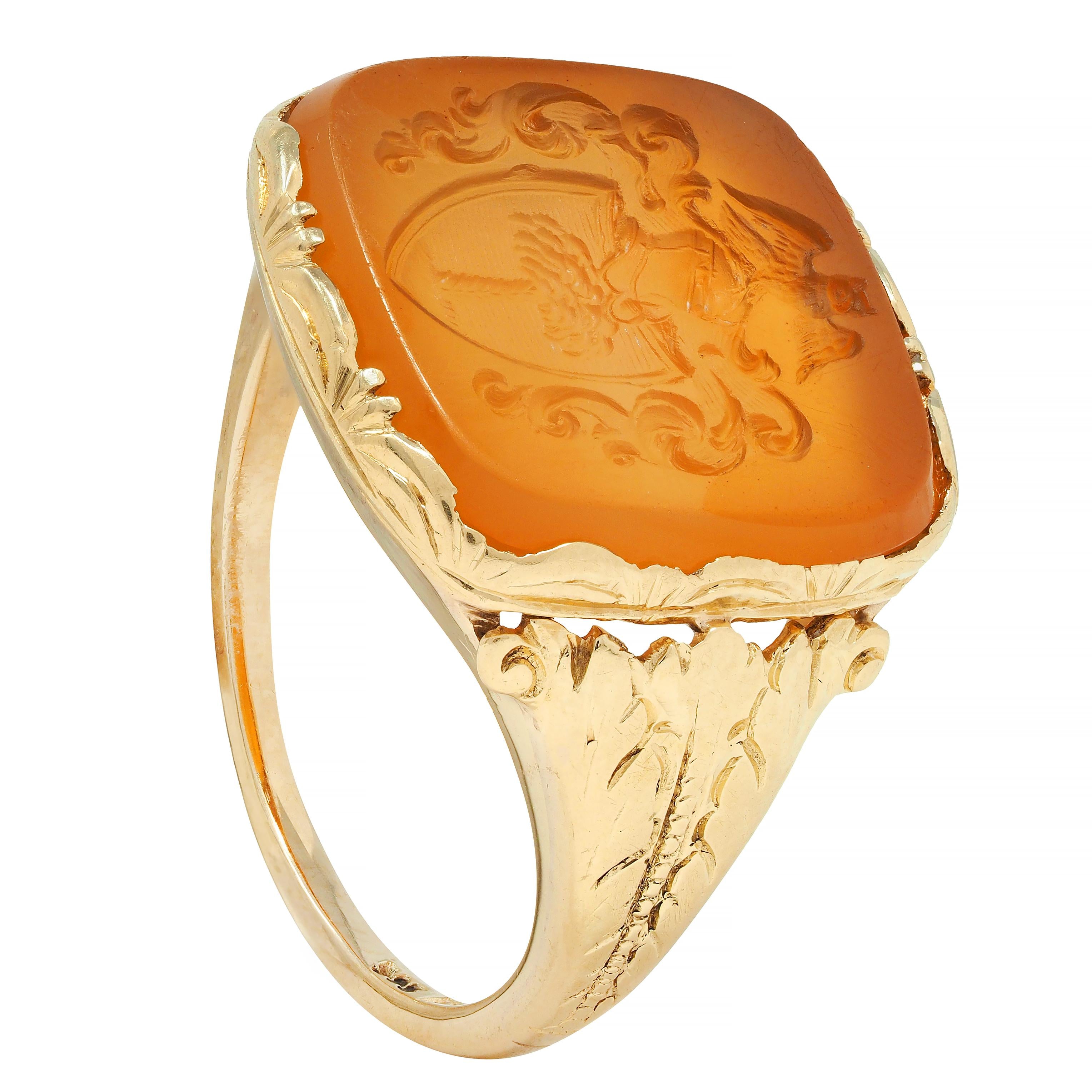 Victorian Citrine 14 Karat Yellow Gold Intaglio Antique Unisex Owl Signet Ring