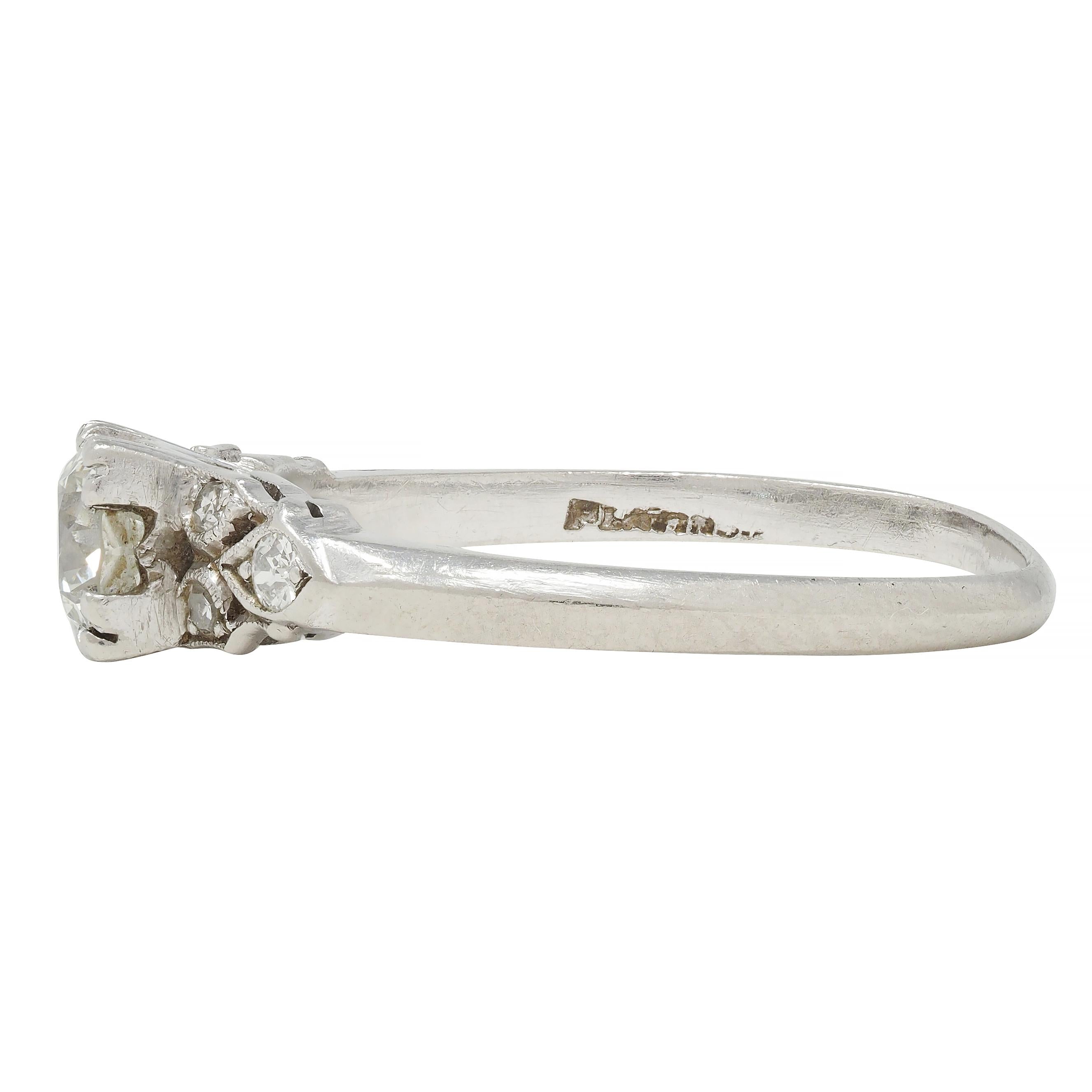 Art Deco 0.78 CTW Old European Cut Diamond Platinum Knife Edge Engagement Ring