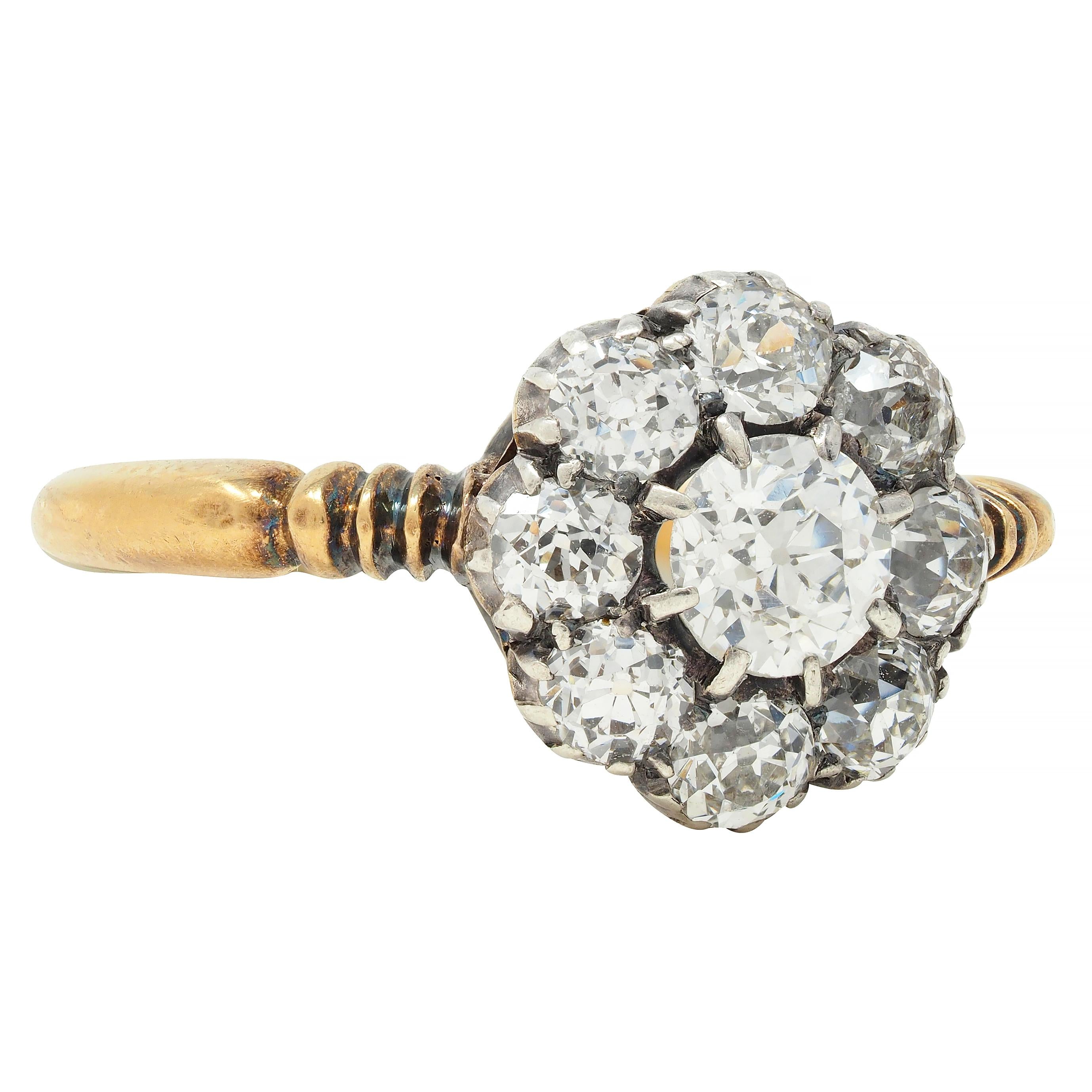 Victorian 1.36 CTW Old European Cut Diamond Silver 14 Karat Gold Halo Ring