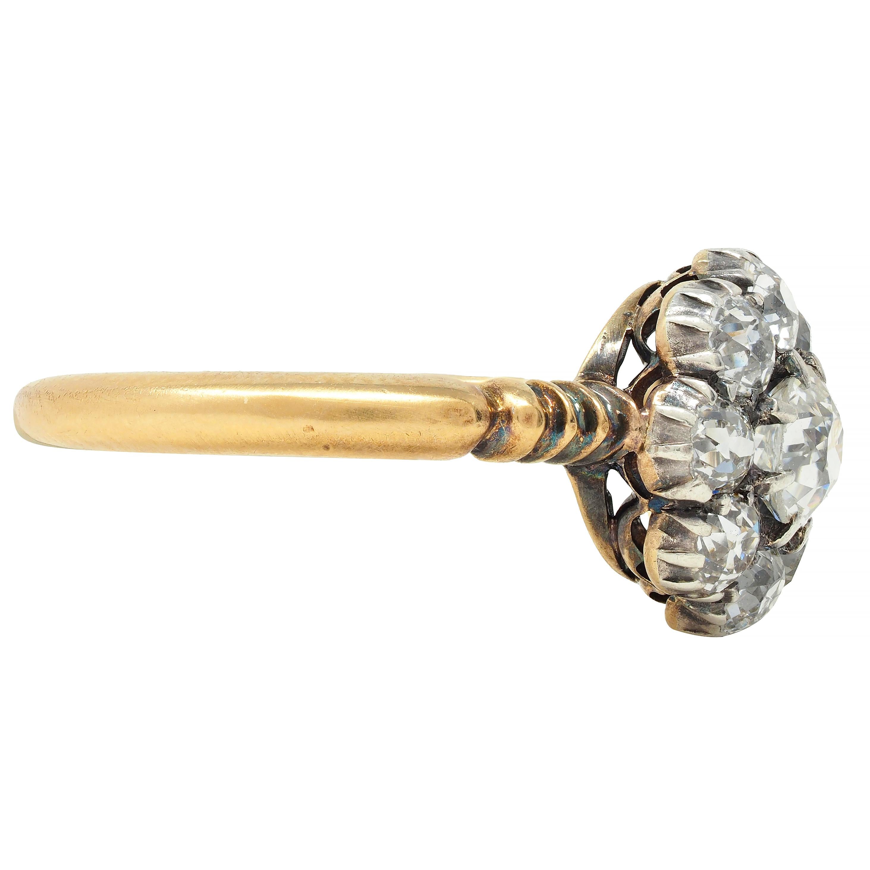 Victorian 1.36 CTW Old European Cut Diamond Silver 14 Karat Gold Halo Ring