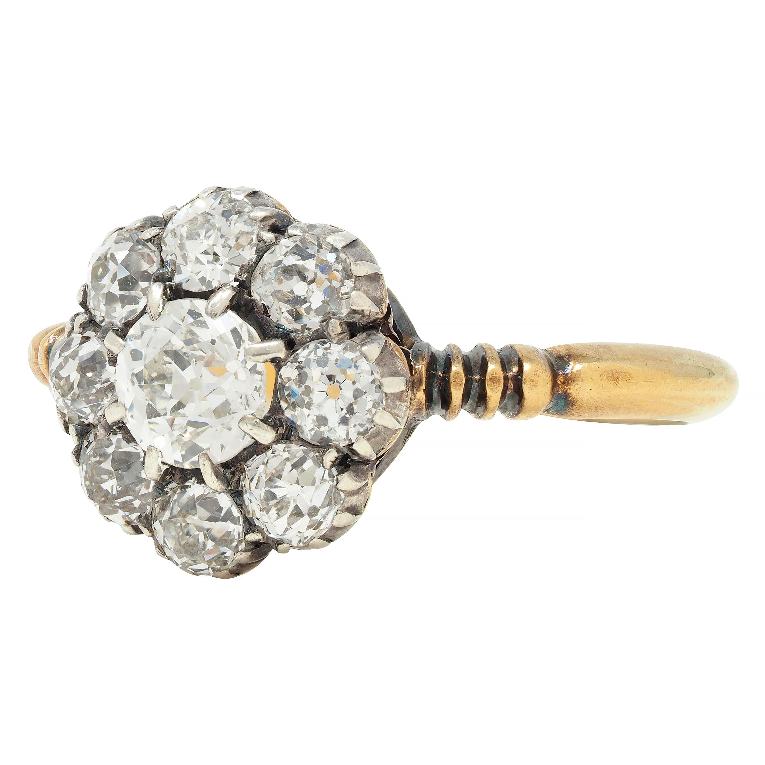 Victorian 1.36 CTW Old European Cut Diamond Silver 14 Karat Gold Halo Ring