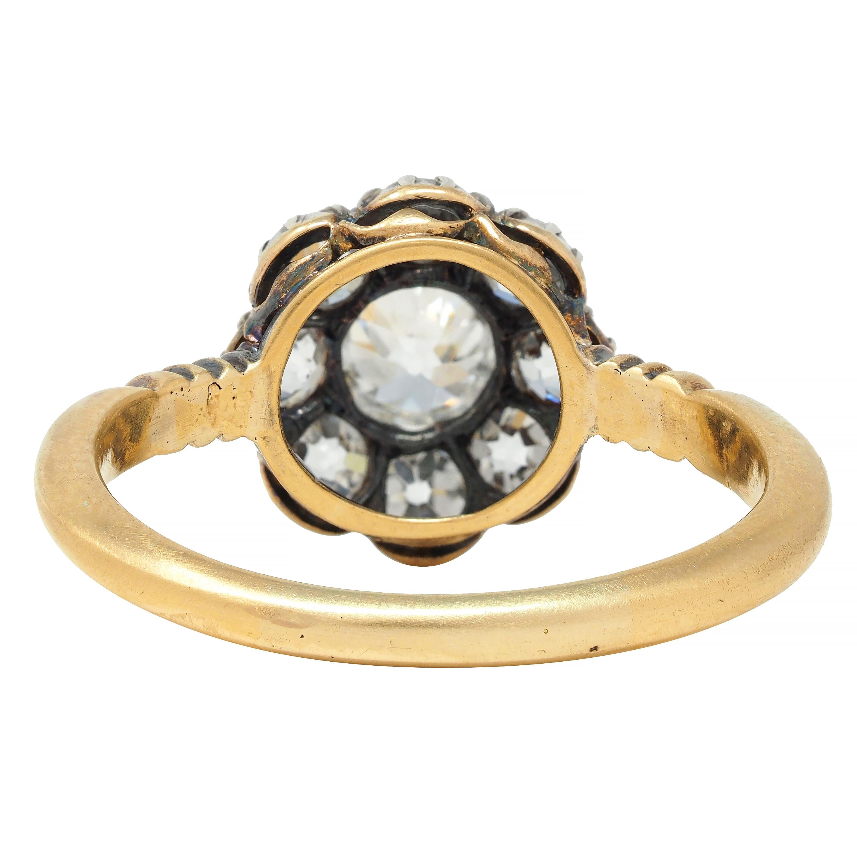 Victorian 1.36 CTW Old European Cut Diamond Silver 14 Karat Gold Halo Ring