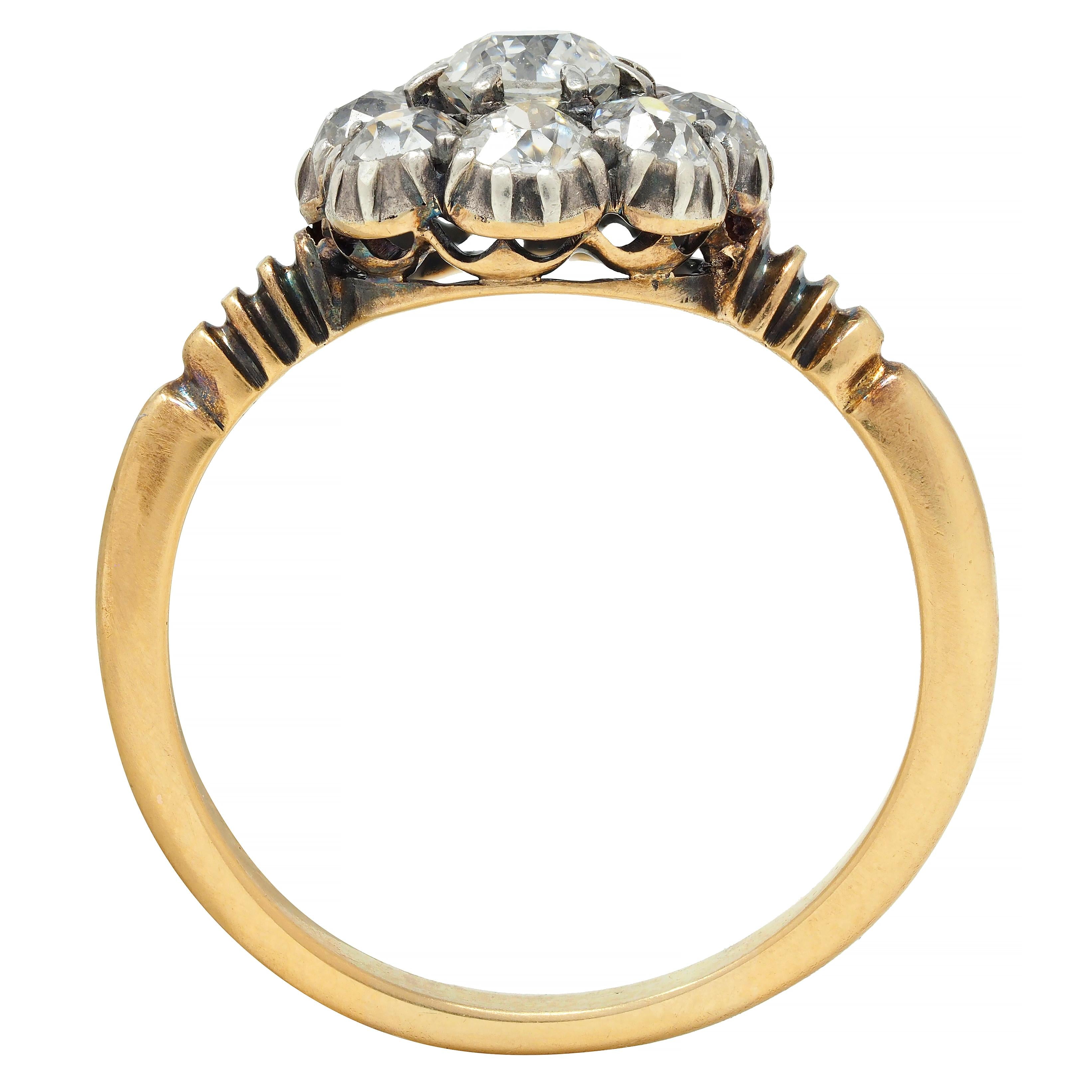 Victorian 1.36 CTW Old European Cut Diamond Silver 14 Karat Gold Halo Ring