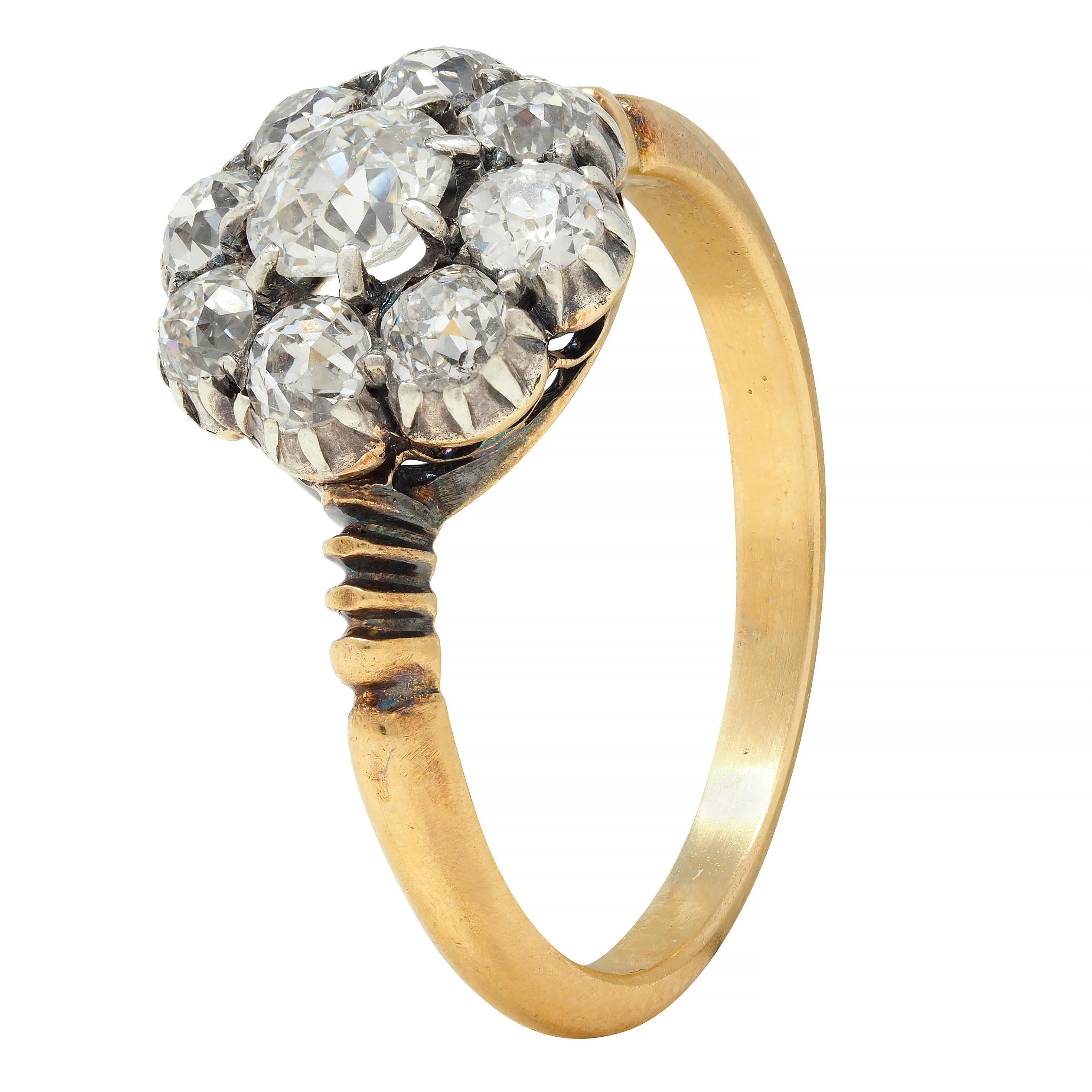 Victorian 1.36 CTW Old European Cut Diamond Silver 14 Karat Gold Halo Ring