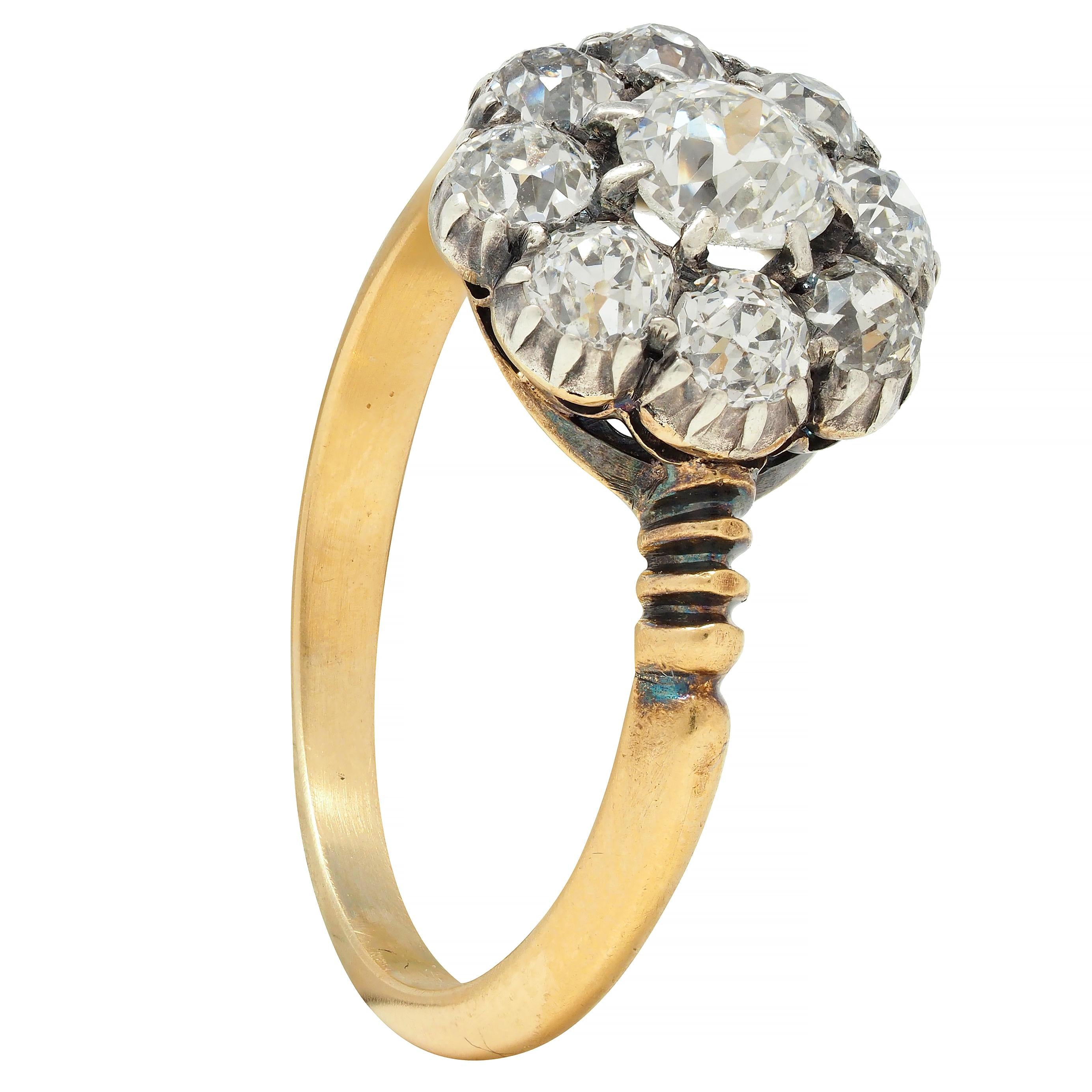 Victorian 1.36 CTW Old European Cut Diamond Silver 14 Karat Gold Halo Ring