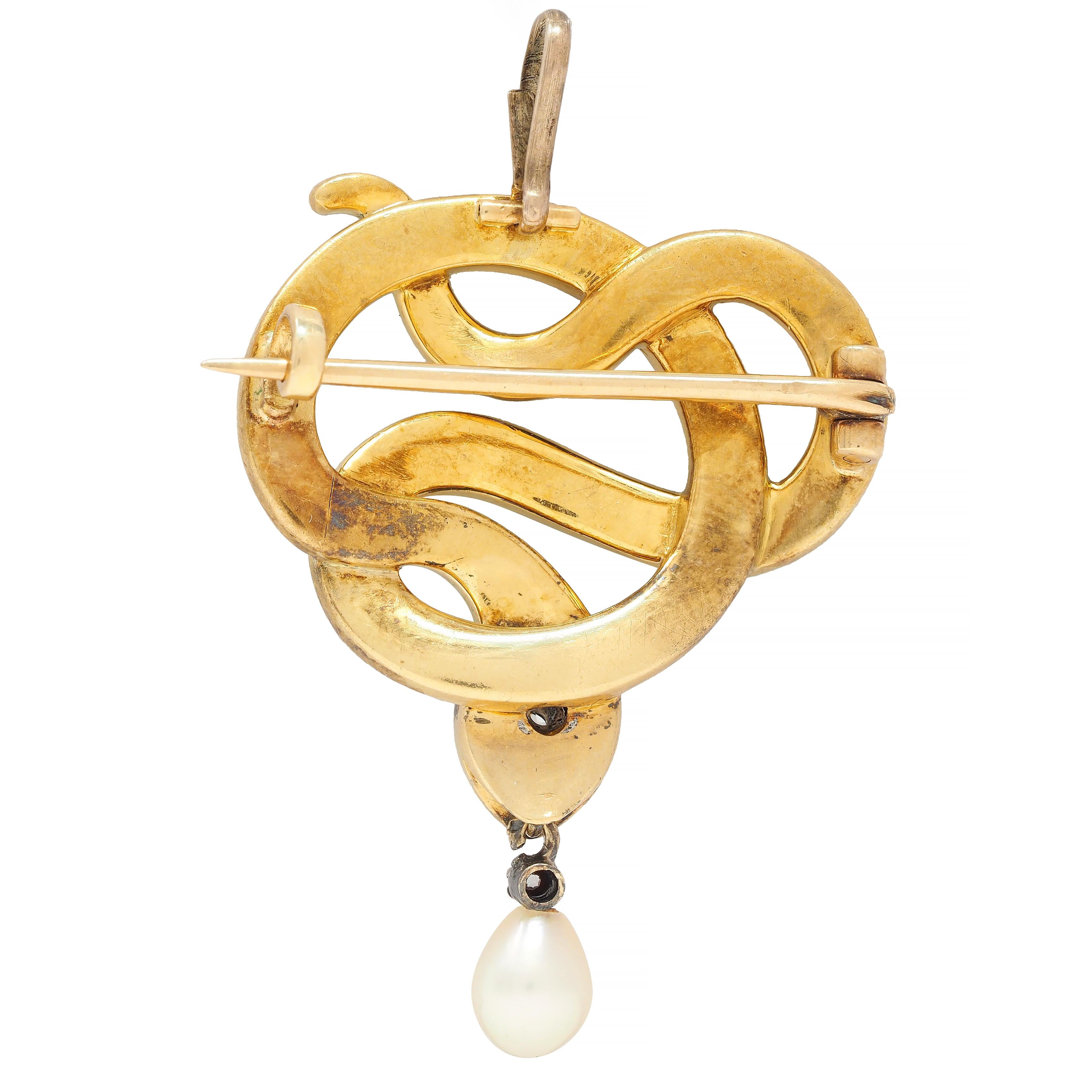 Victorian Diamond Ruby Pearl Basse-Taille Enamel 18 Karat Gold Snake Brooch