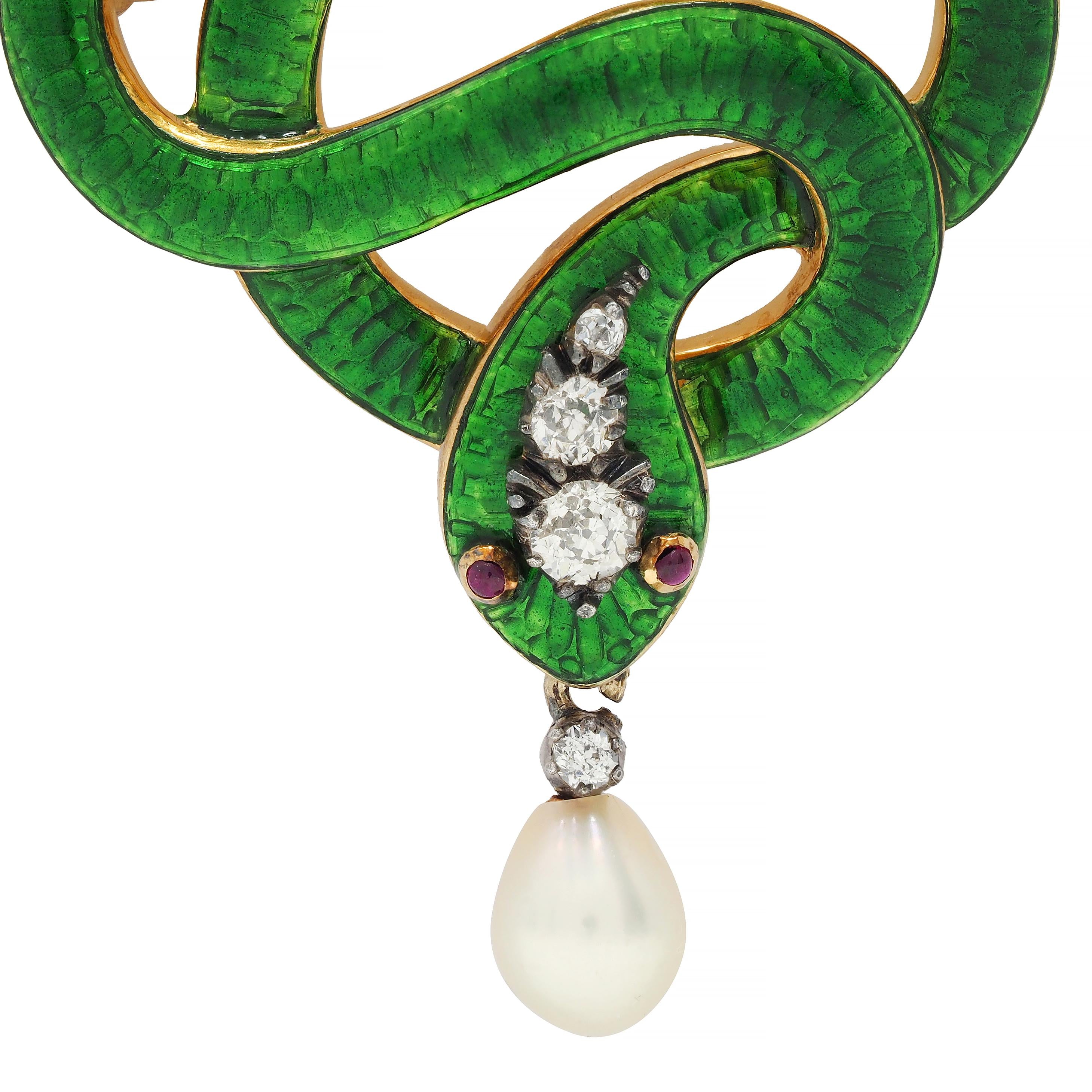 Victorian Diamond Ruby Pearl Basse-Taille Enamel 18 Karat Gold Snake Brooch
