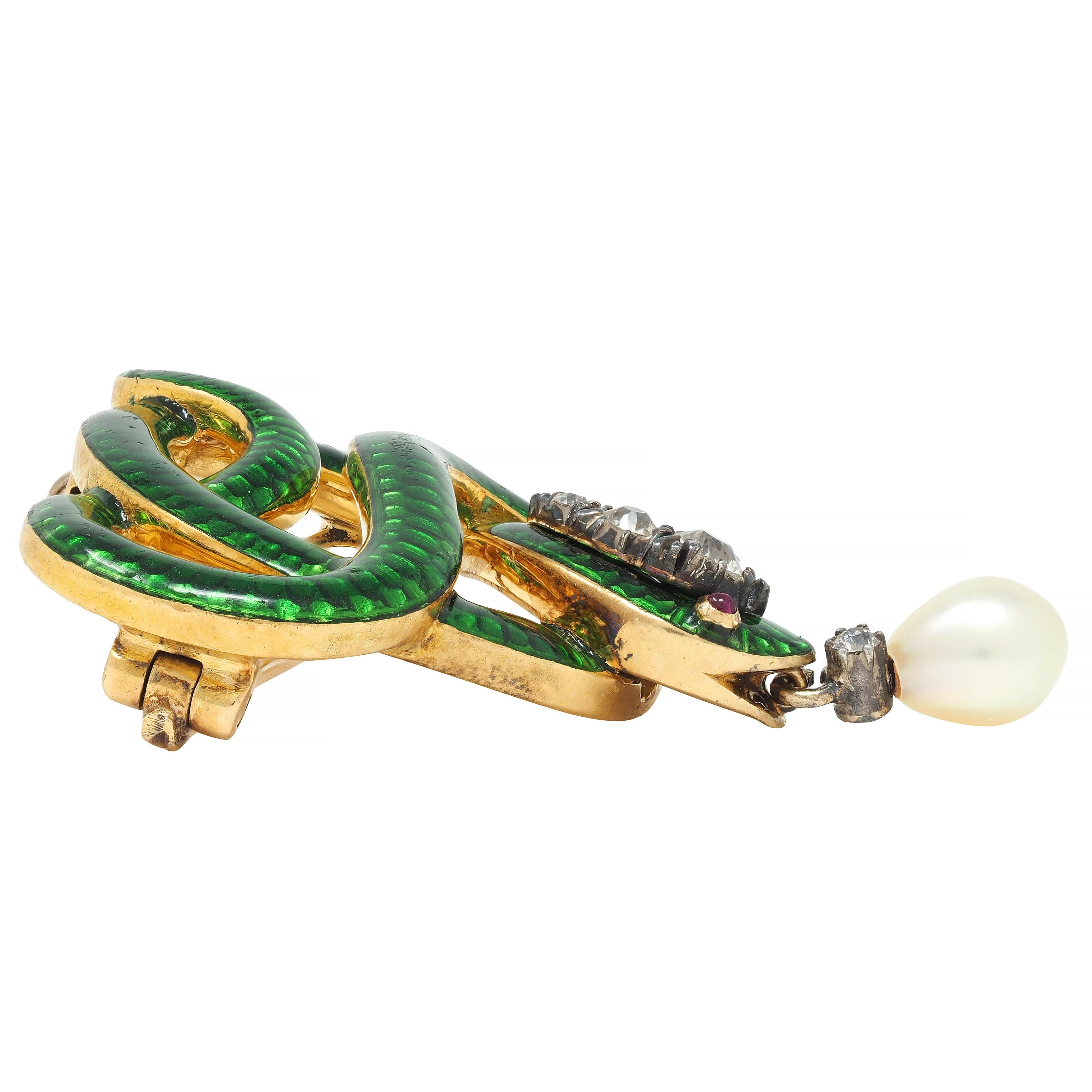 Victorian Diamond Ruby Pearl Basse-Taille Enamel 18 Karat Gold Snake Brooch