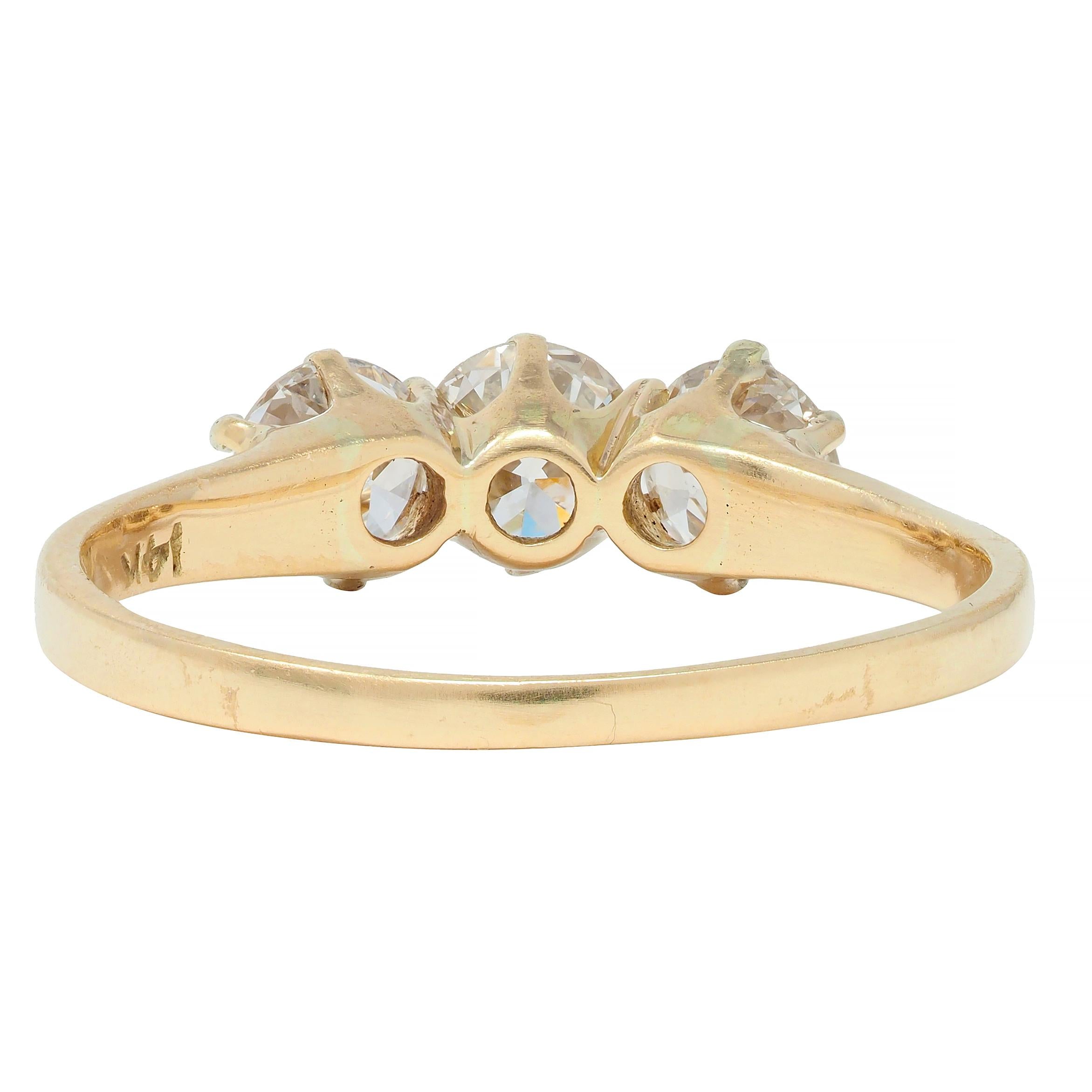 Antique 0.82 CTW Old European Cut Diamond 14 Karat Gold Three Stone Ring