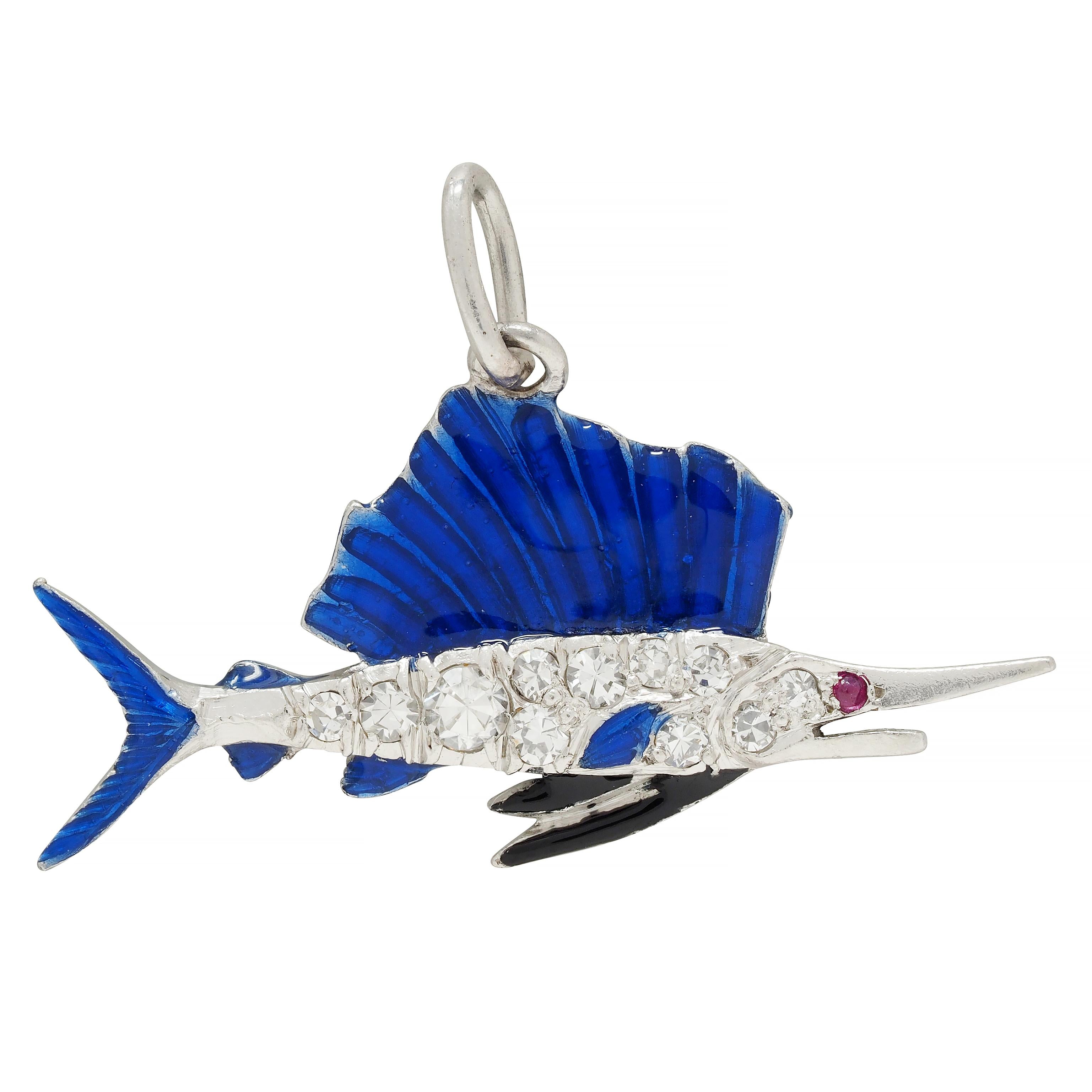 Art Deco Diamond Enamel Ruby Platinum Swordfish Vintage Charm