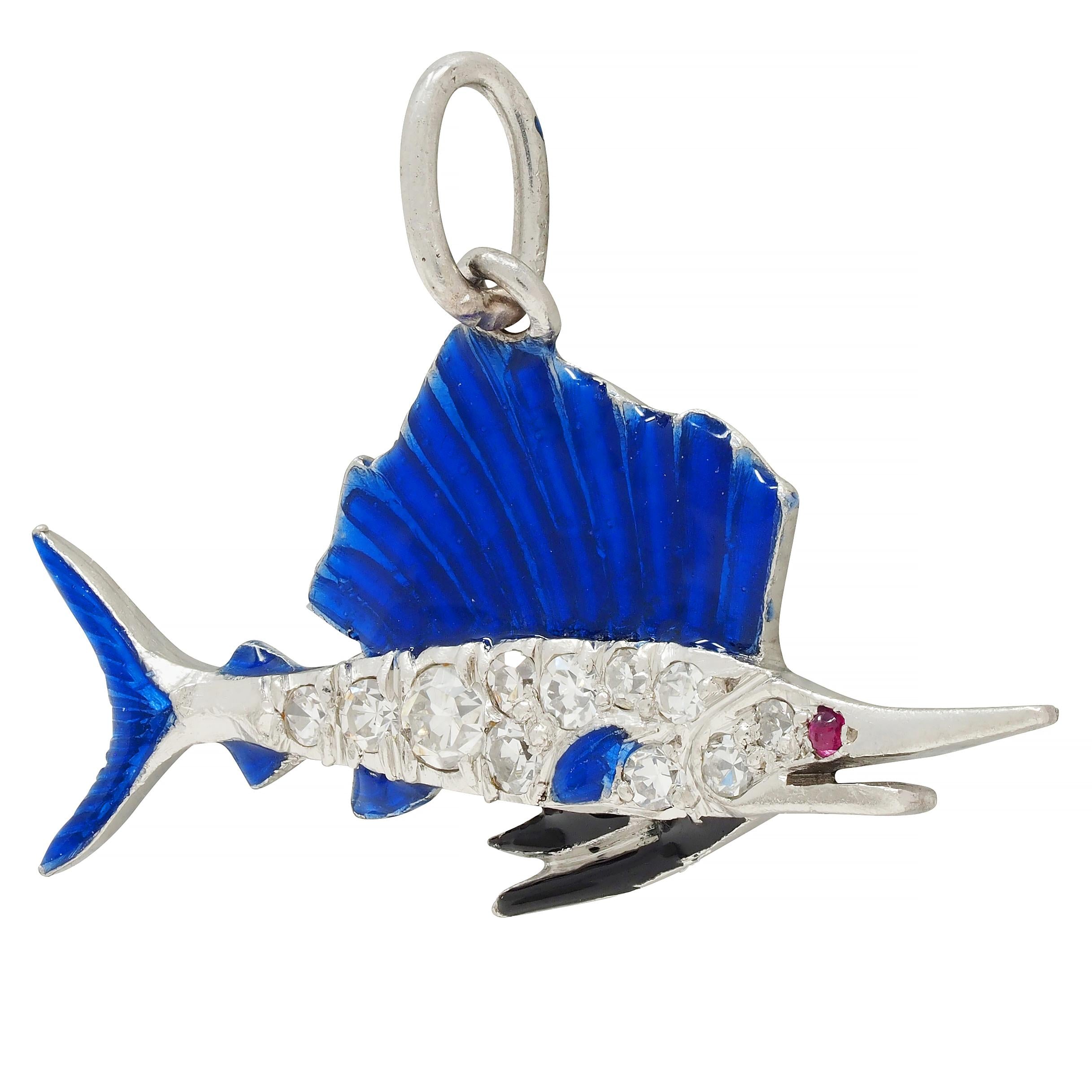 Art Deco Diamond Enamel Ruby Platinum Swordfish Vintage Charm