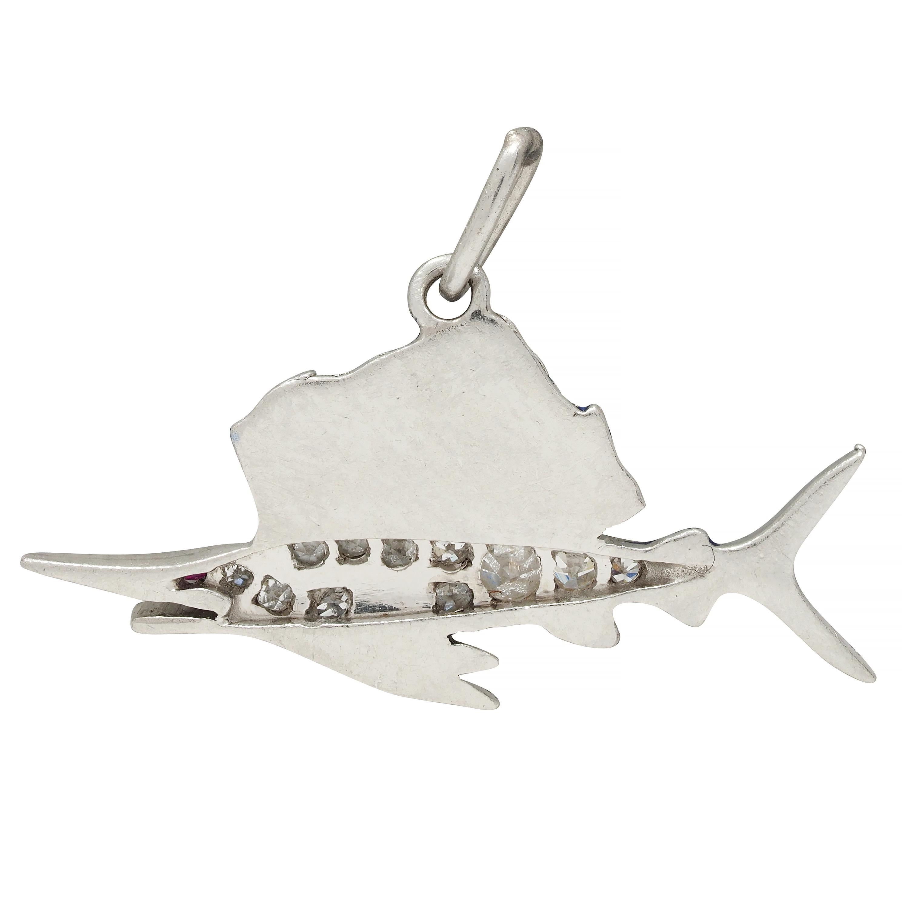 Art Deco Diamond Enamel Ruby Platinum Swordfish Vintage Charm