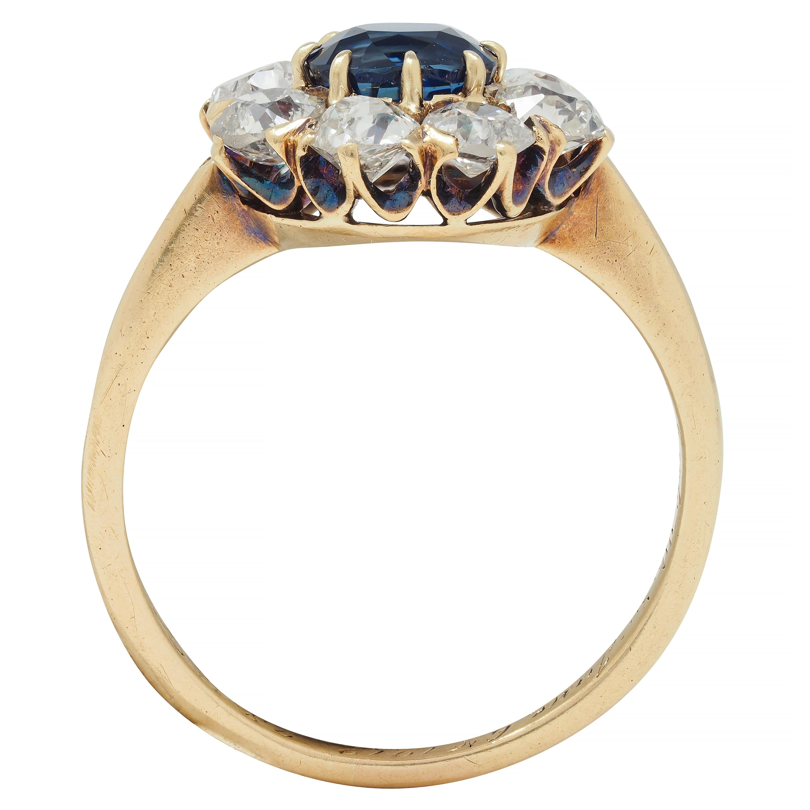 Edwardian 2.85 CTW Sapphire Diamond 14 Karat Yellow Gold Cluster Ring GIA