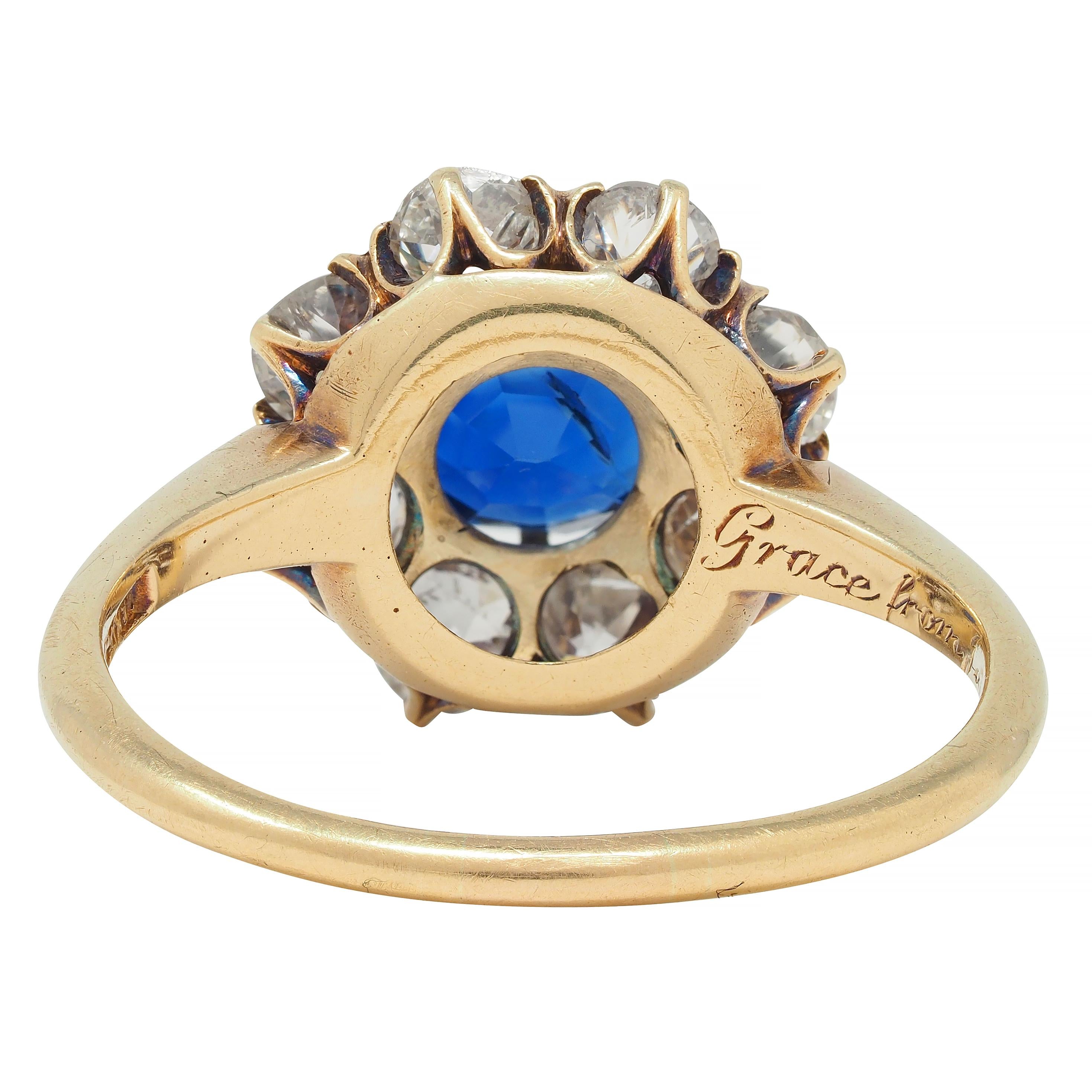 Edwardian 2.85 CTW Sapphire Diamond 14 Karat Yellow Gold Cluster Ring GIA