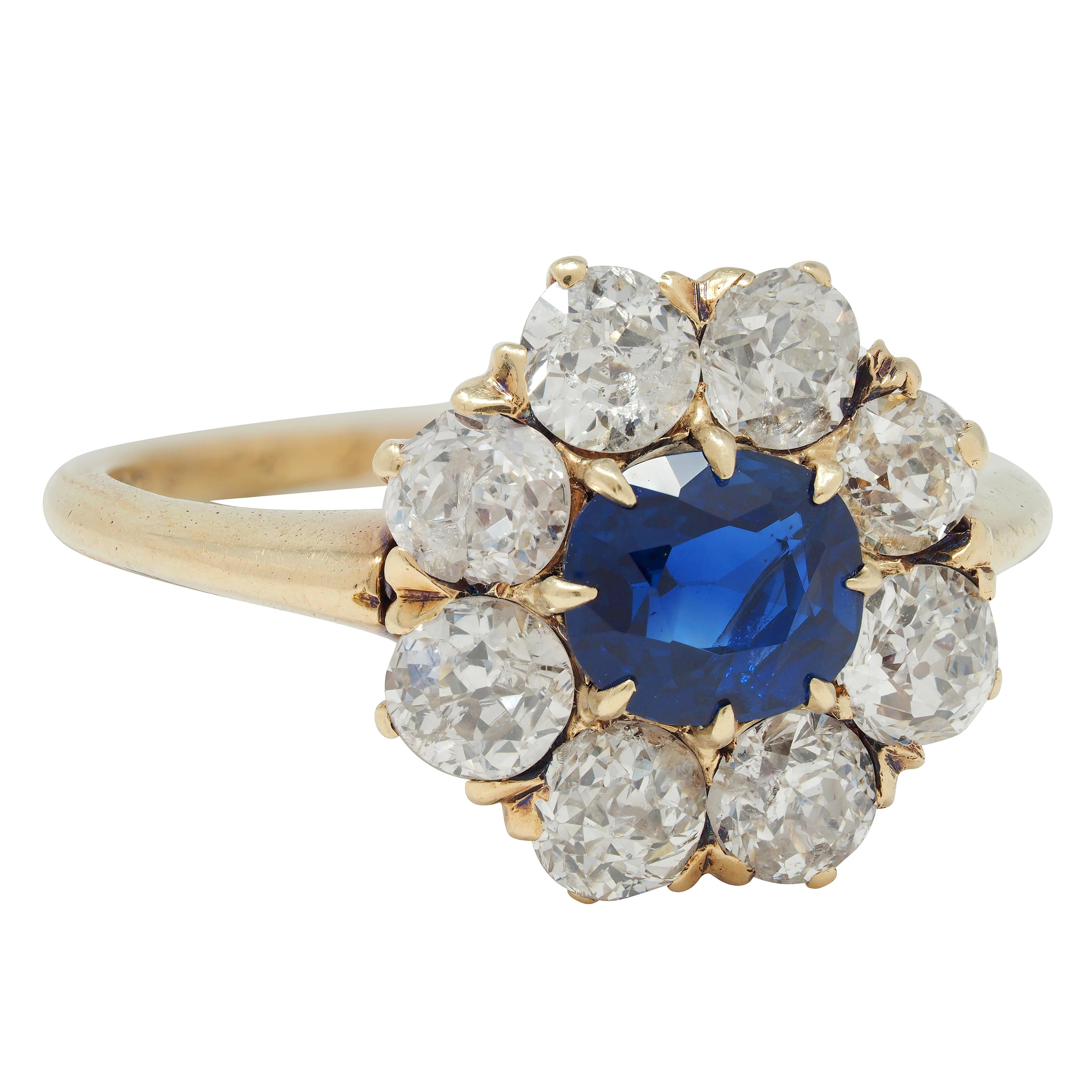 Edwardian 2.85 CTW Sapphire Diamond 14 Karat Yellow Gold Cluster Ring GIA