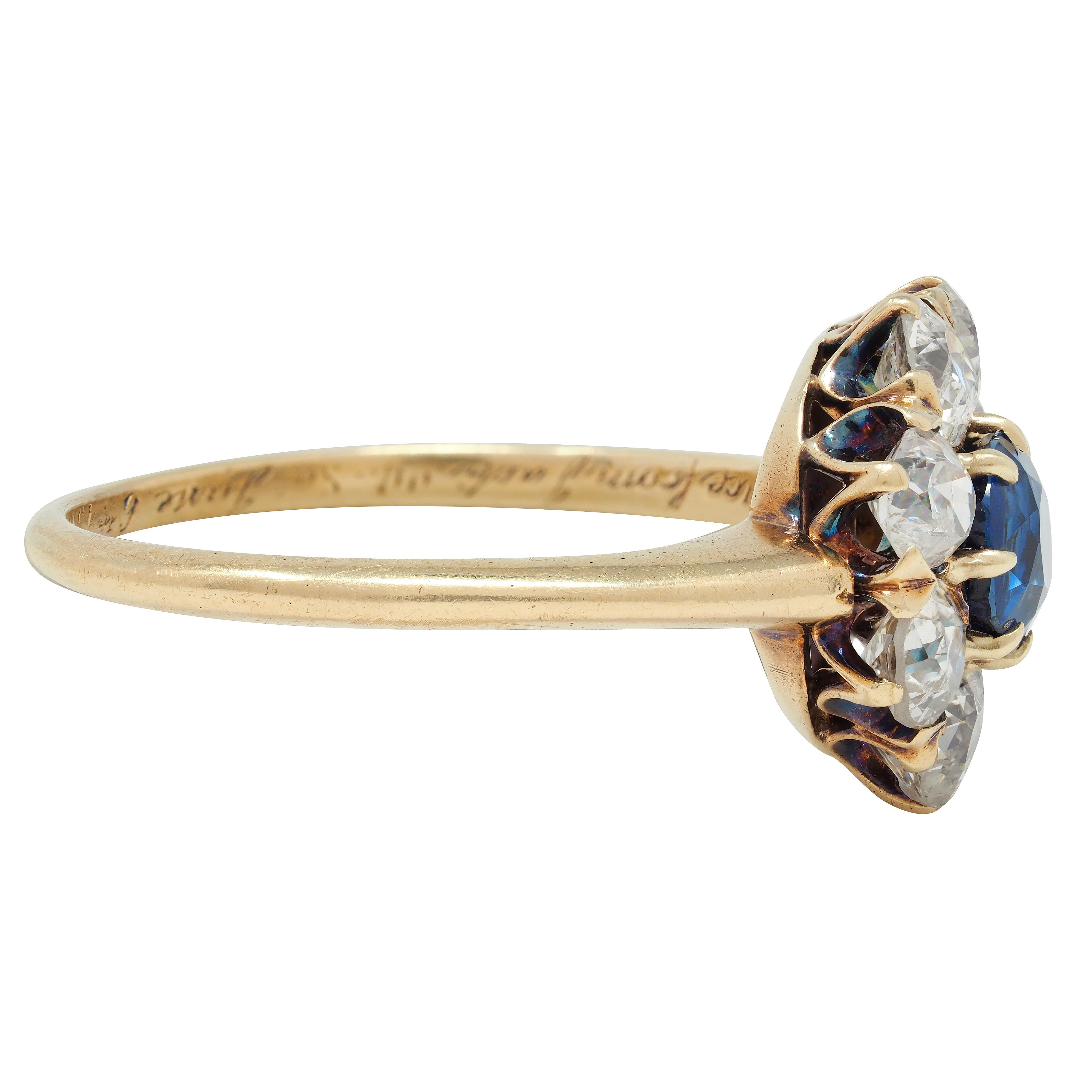 Edwardian 2.85 CTW Sapphire Diamond 14 Karat Yellow Gold Cluster Ring GIA