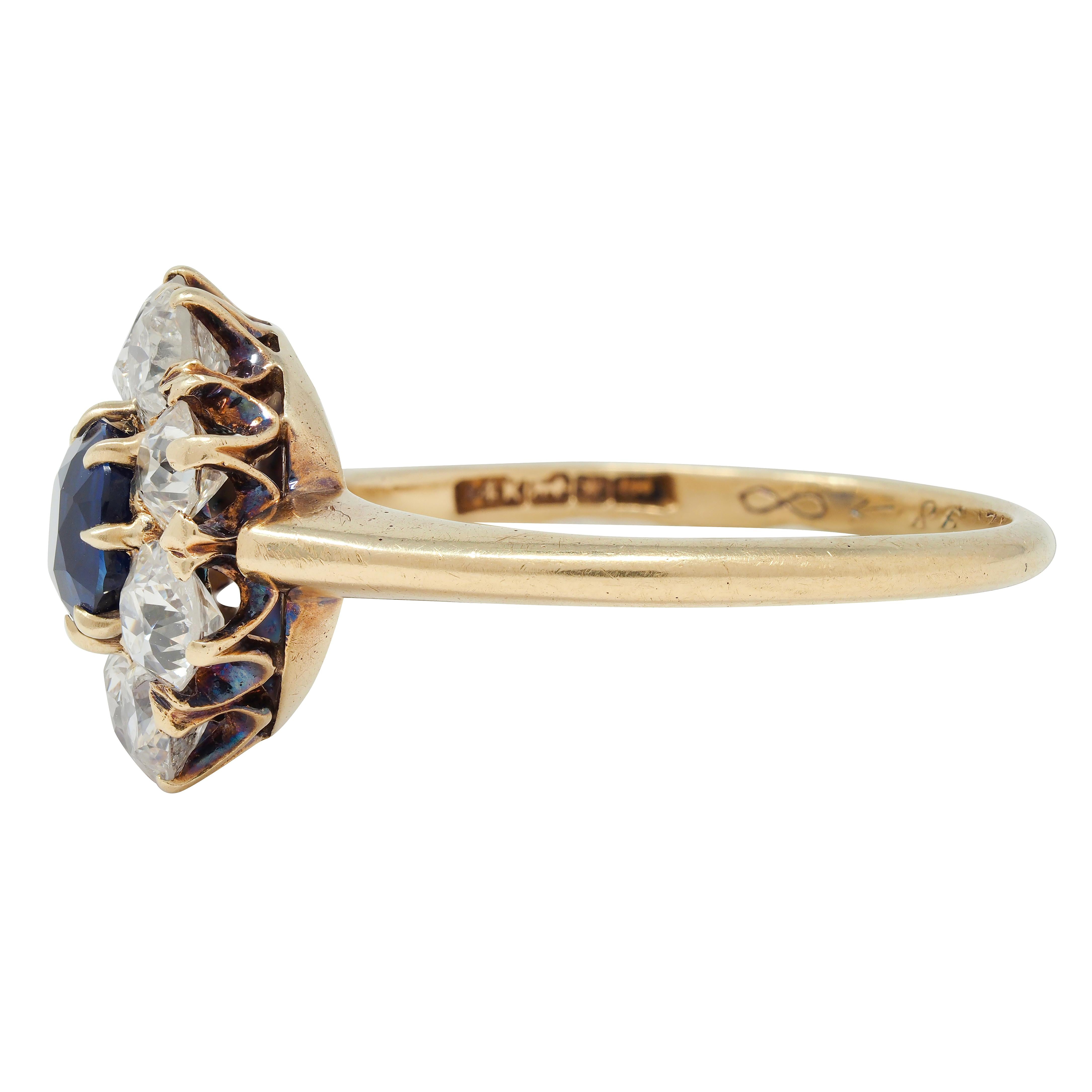 Edwardian 2.85 CTW Sapphire Diamond 14 Karat Yellow Gold Cluster Ring GIA