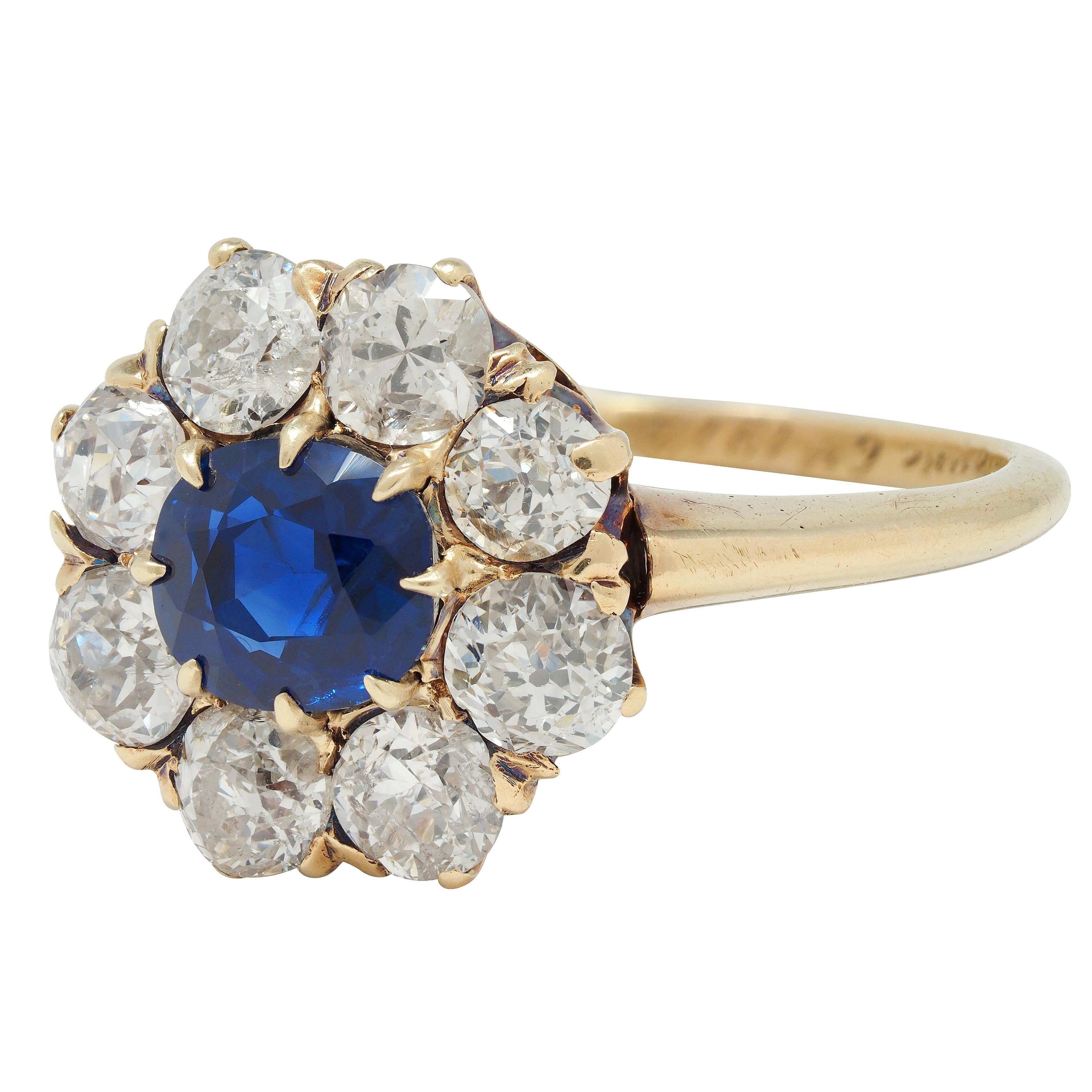 Edwardian 2.85 CTW Sapphire Diamond 14 Karat Yellow Gold Cluster Ring GIA