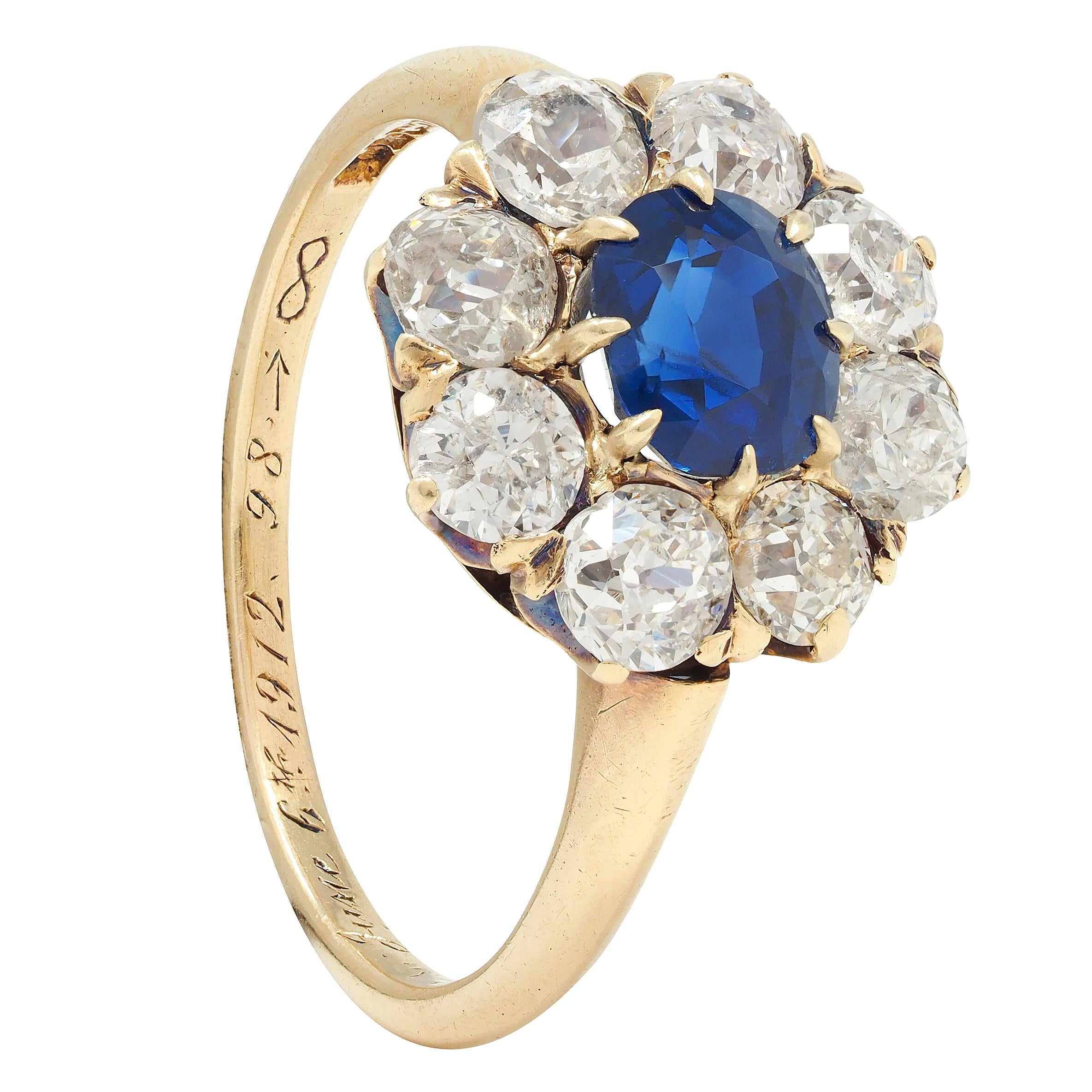 Edwardian 2.85 CTW Sapphire Diamond 14 Karat Yellow Gold Cluster Ring GIA
