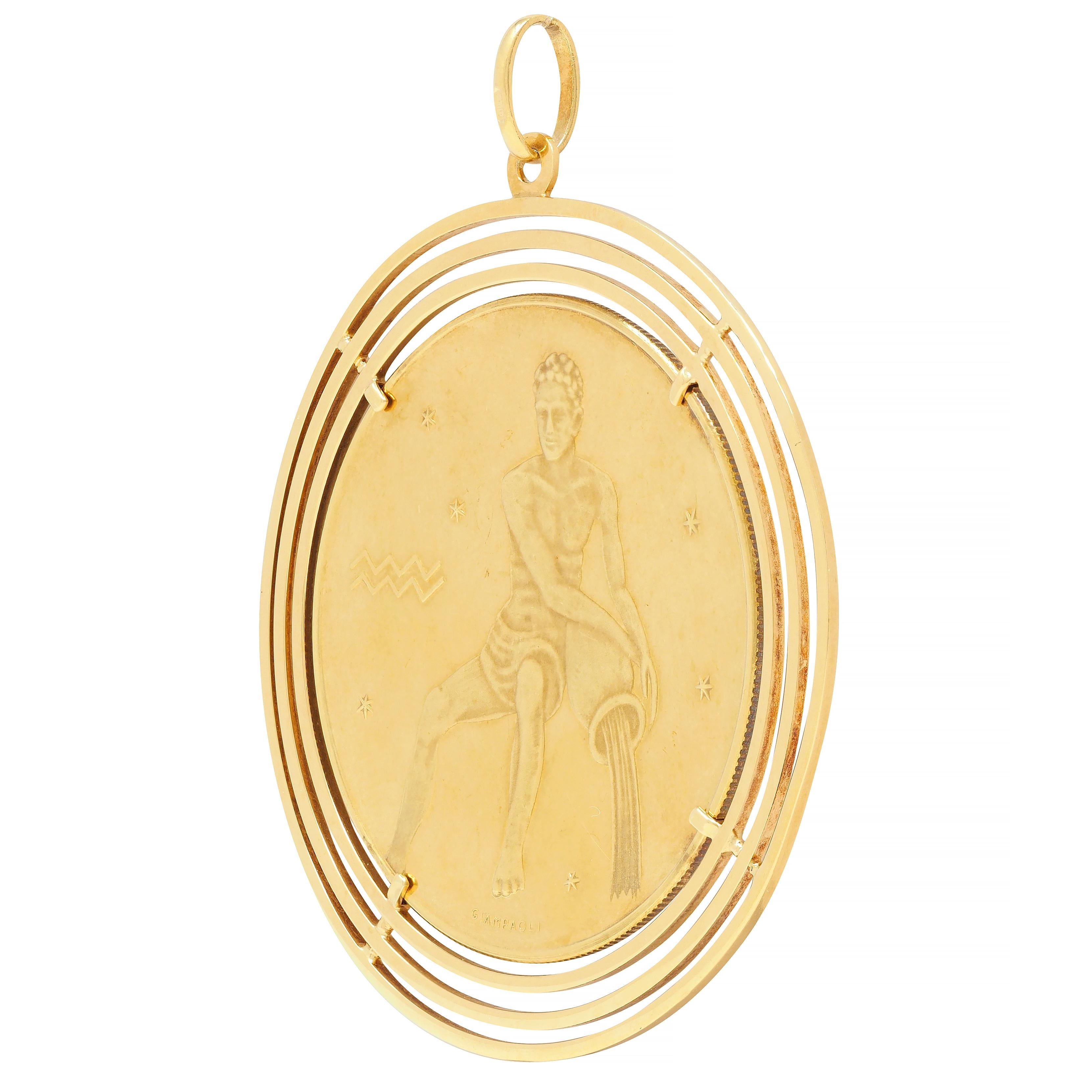 Giampaoli 1950s 18 Karat Yellow Gold Vintage Aquarius Zodiac Pendant