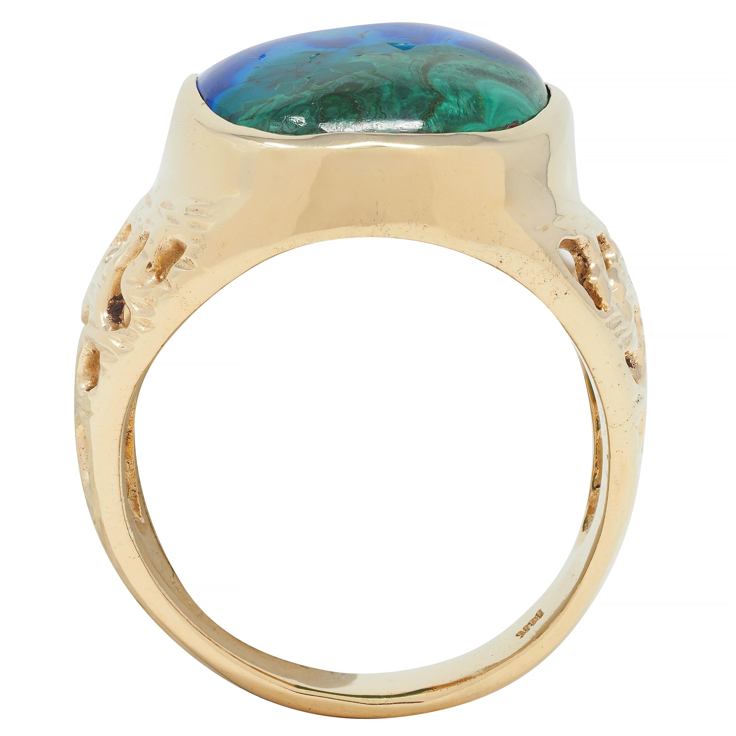 1970's Azurmalachite 14 Karat Gold Textured Vintage Unisex Men's Signet Ring