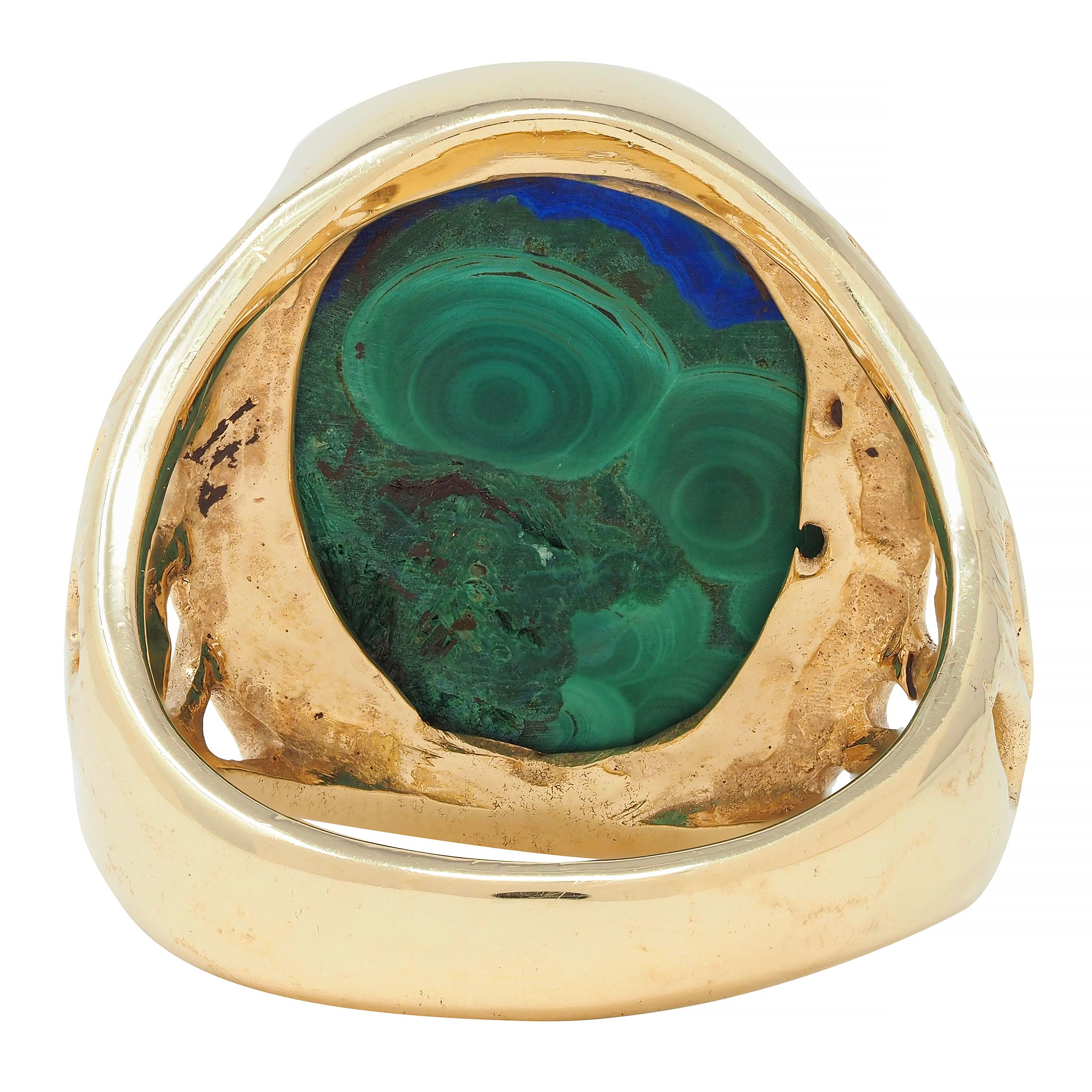 1970's Azurmalachite 14 Karat Gold Textured Vintage Unisex Men's Signet Ring