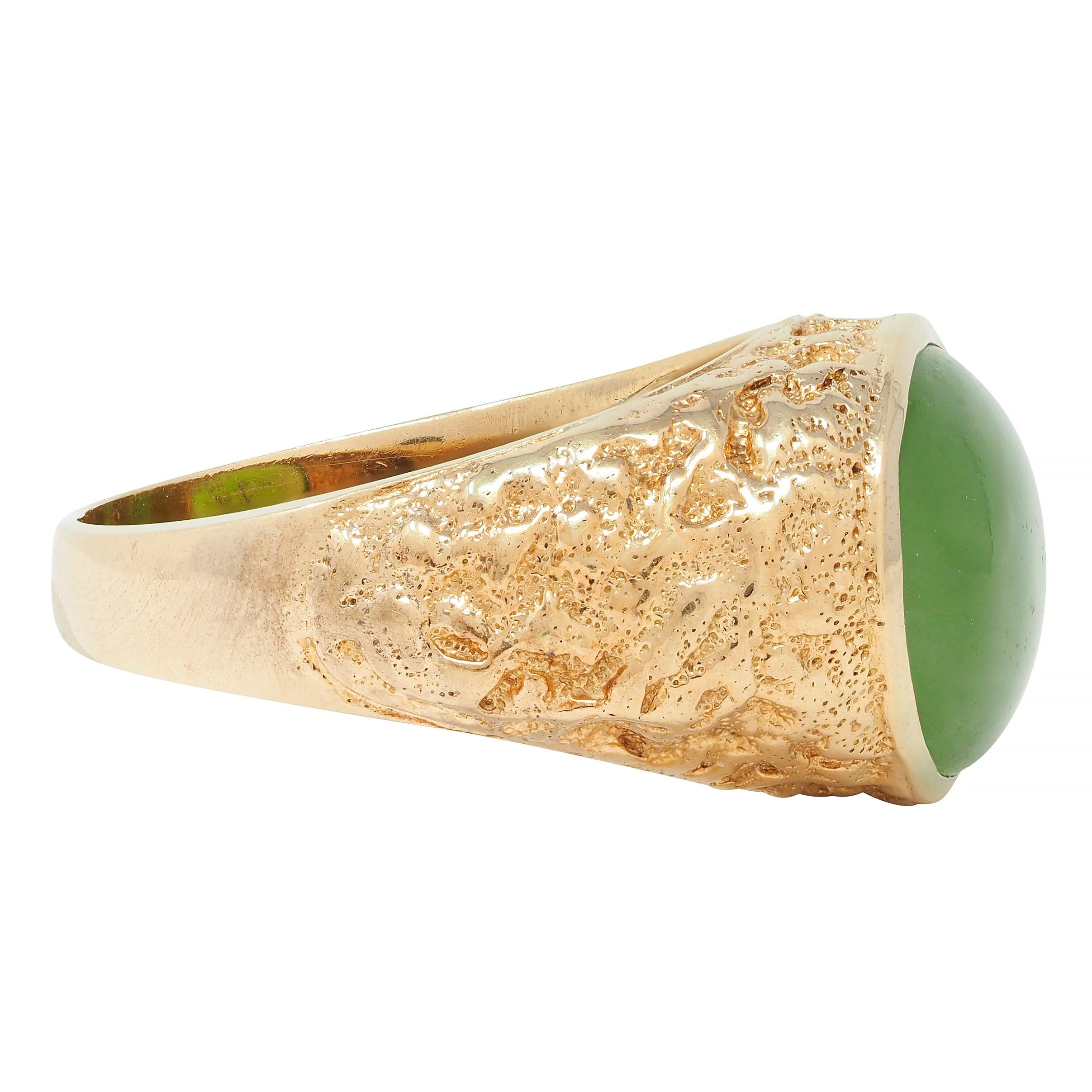 Brutalist Jade Cabochon 10 Karat Yellow Gold Vintage Signet Ring