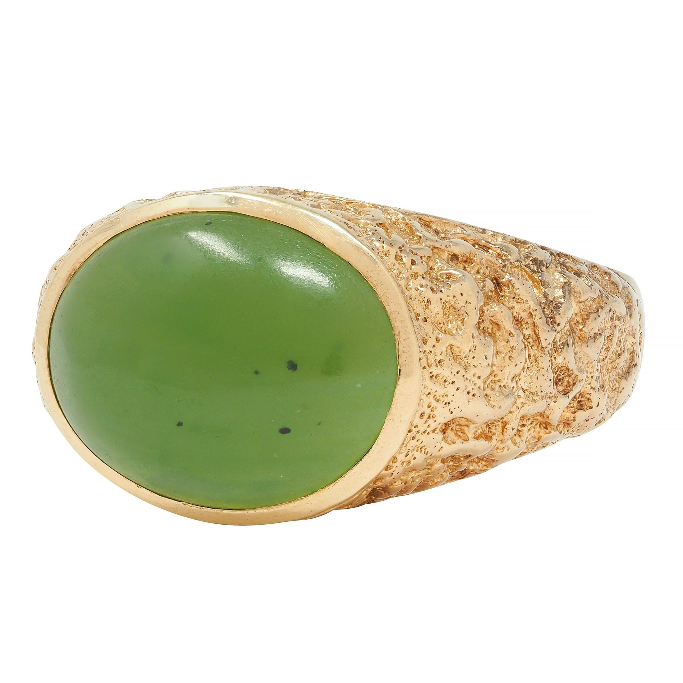 Brutalist Jade Cabochon 10 Karat Yellow Gold Vintage Signet Ring