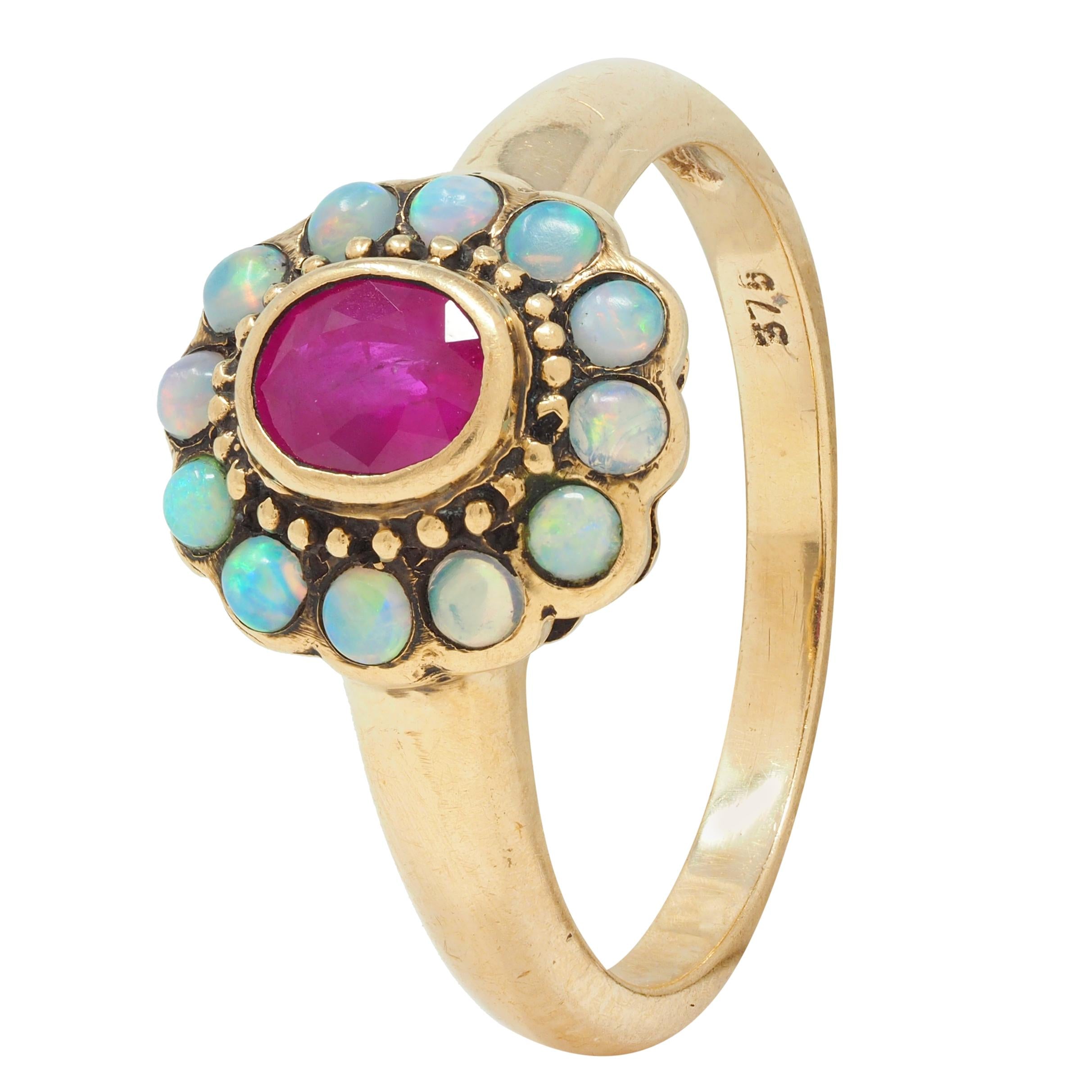 Victorian Ruby Opal 9 Karat Yellow Gold Antique Halo Ring