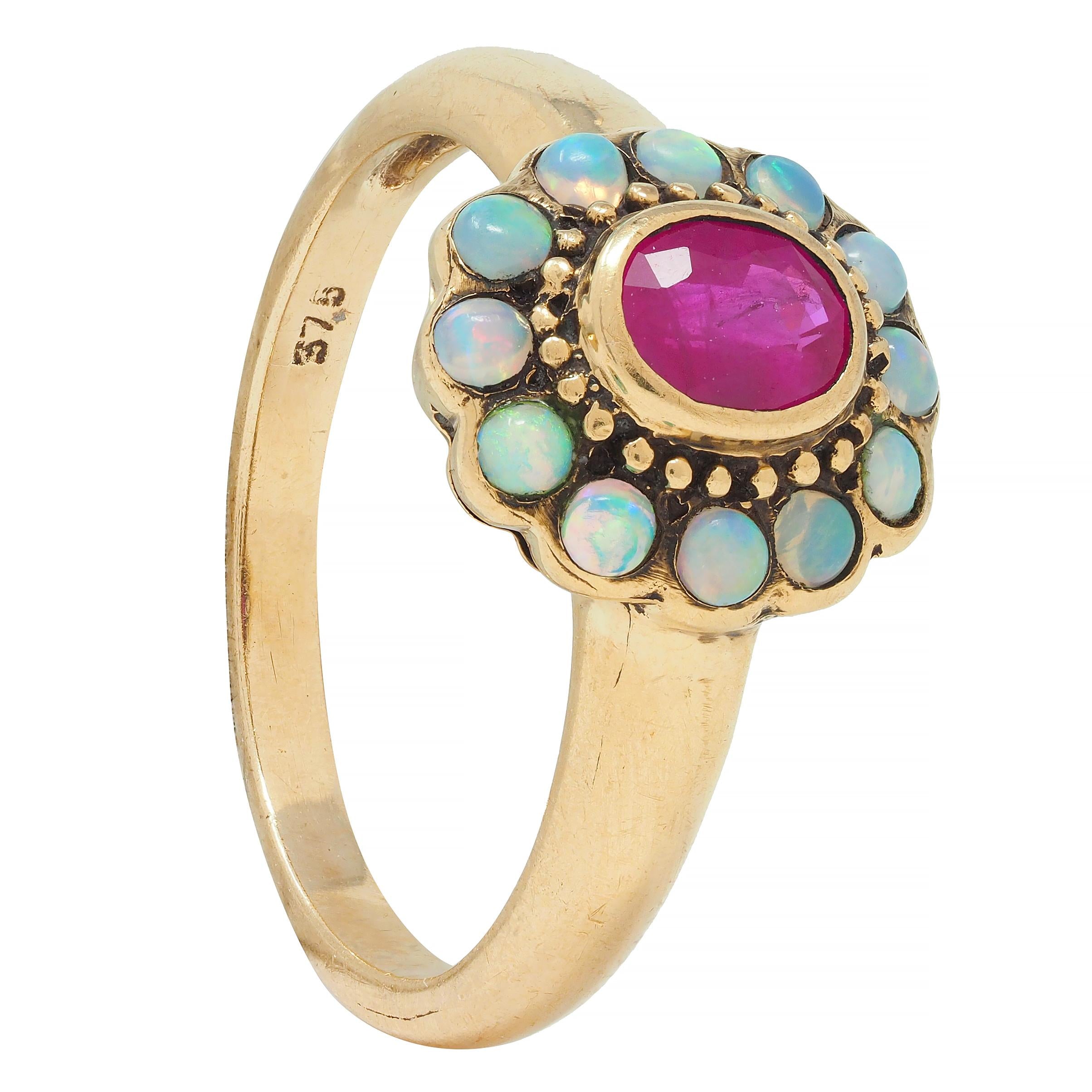 Victorian Ruby Opal 9 Karat Yellow Gold Antique Halo Ring
