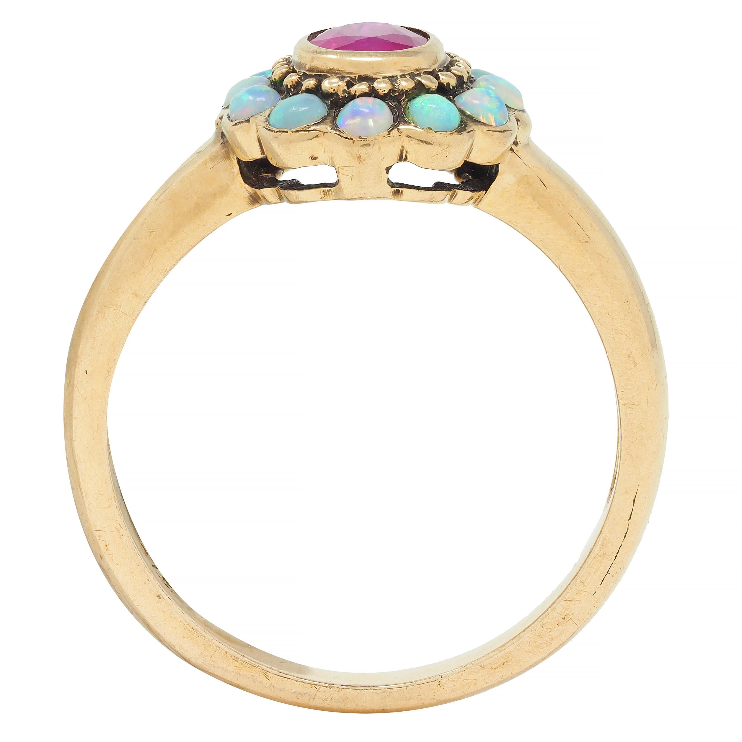 Victorian Ruby Opal 9 Karat Yellow Gold Antique Halo Ring