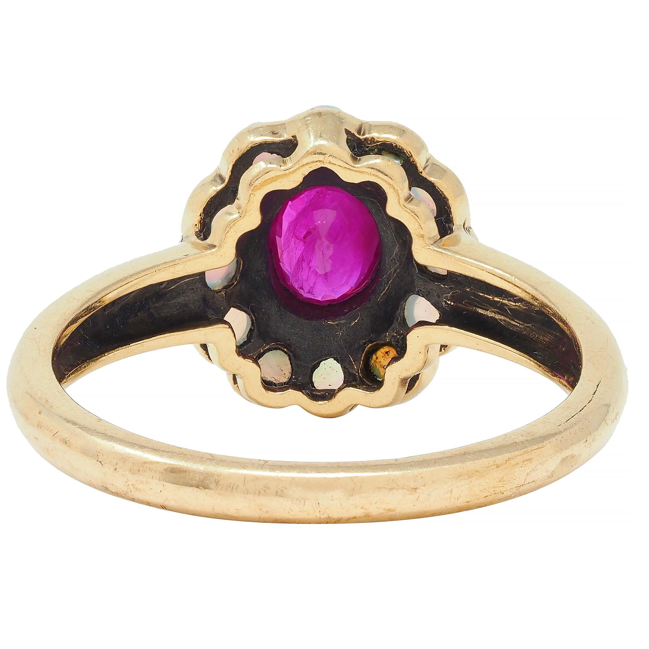 Victorian Ruby Opal 9 Karat Yellow Gold Antique Halo Ring