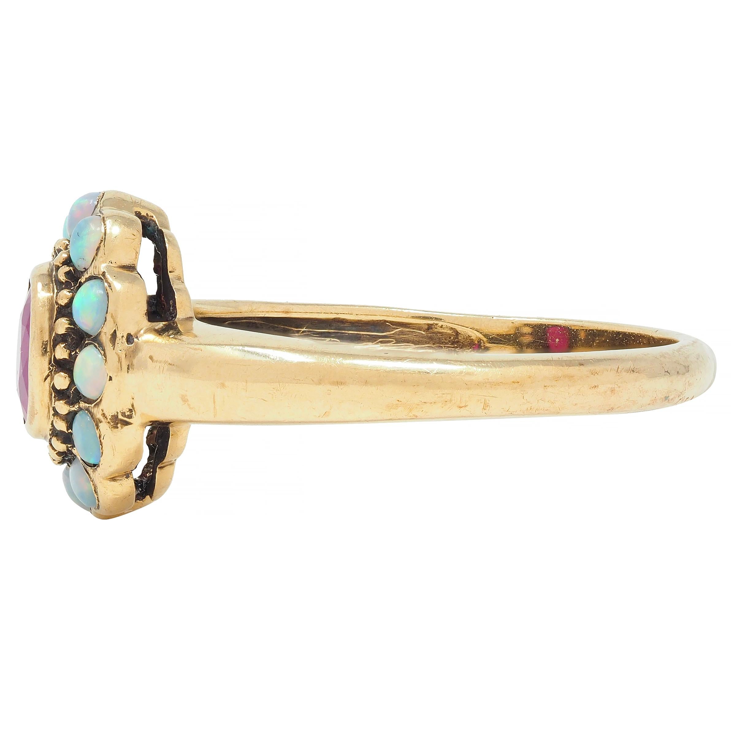 Victorian Ruby Opal 9 Karat Yellow Gold Antique Halo Ring