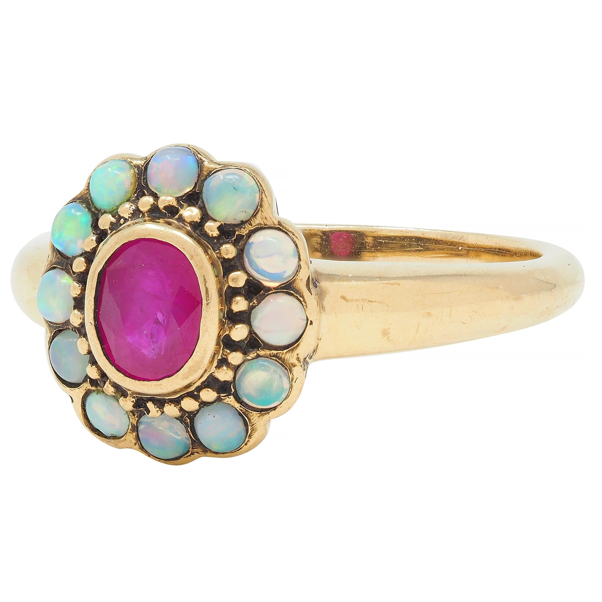 Victorian Ruby Opal 9 Karat Yellow Gold Antique Halo Ring