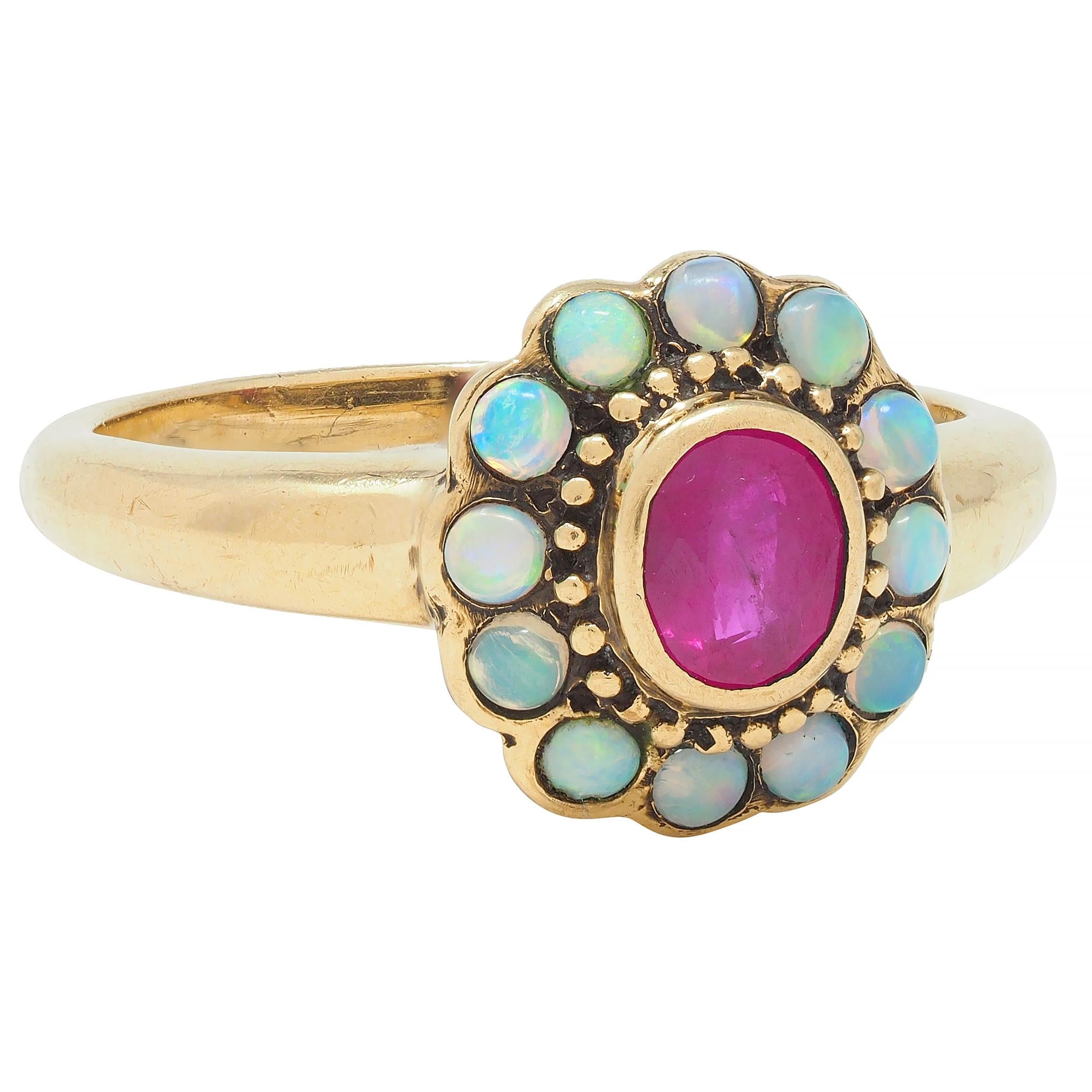 Victorian Ruby Opal 9 Karat Yellow Gold Antique Halo Ring