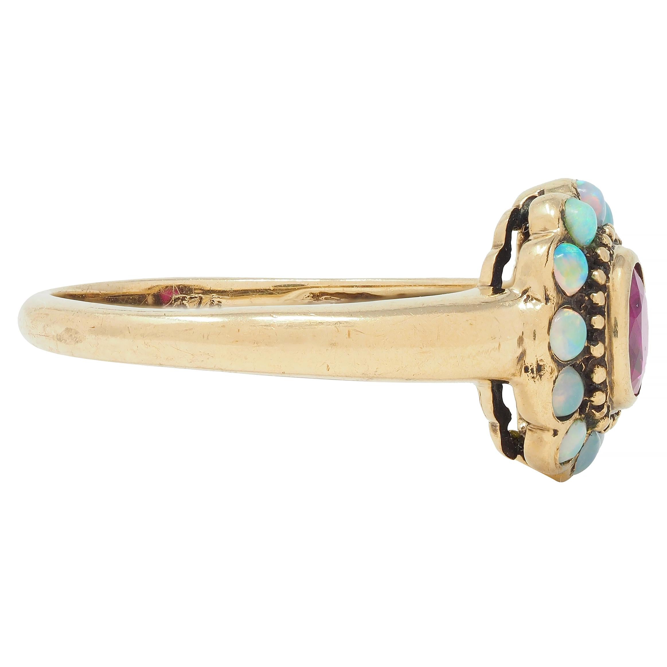 Victorian Ruby Opal 9 Karat Yellow Gold Antique Halo Ring