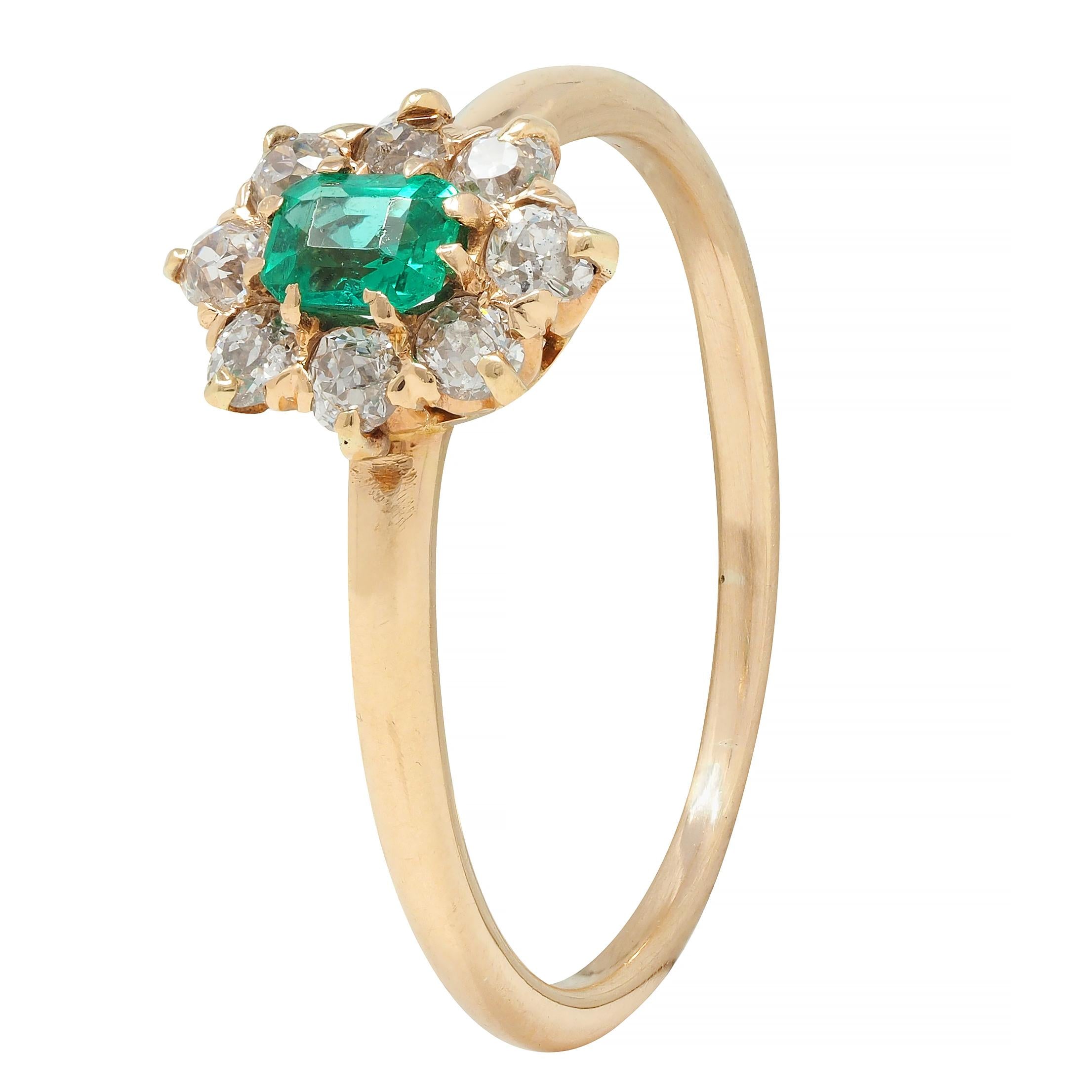 Victorian 0.41 CTW Emerald Diamond 14 Karat Yellow Gold Antique Cluster Ring