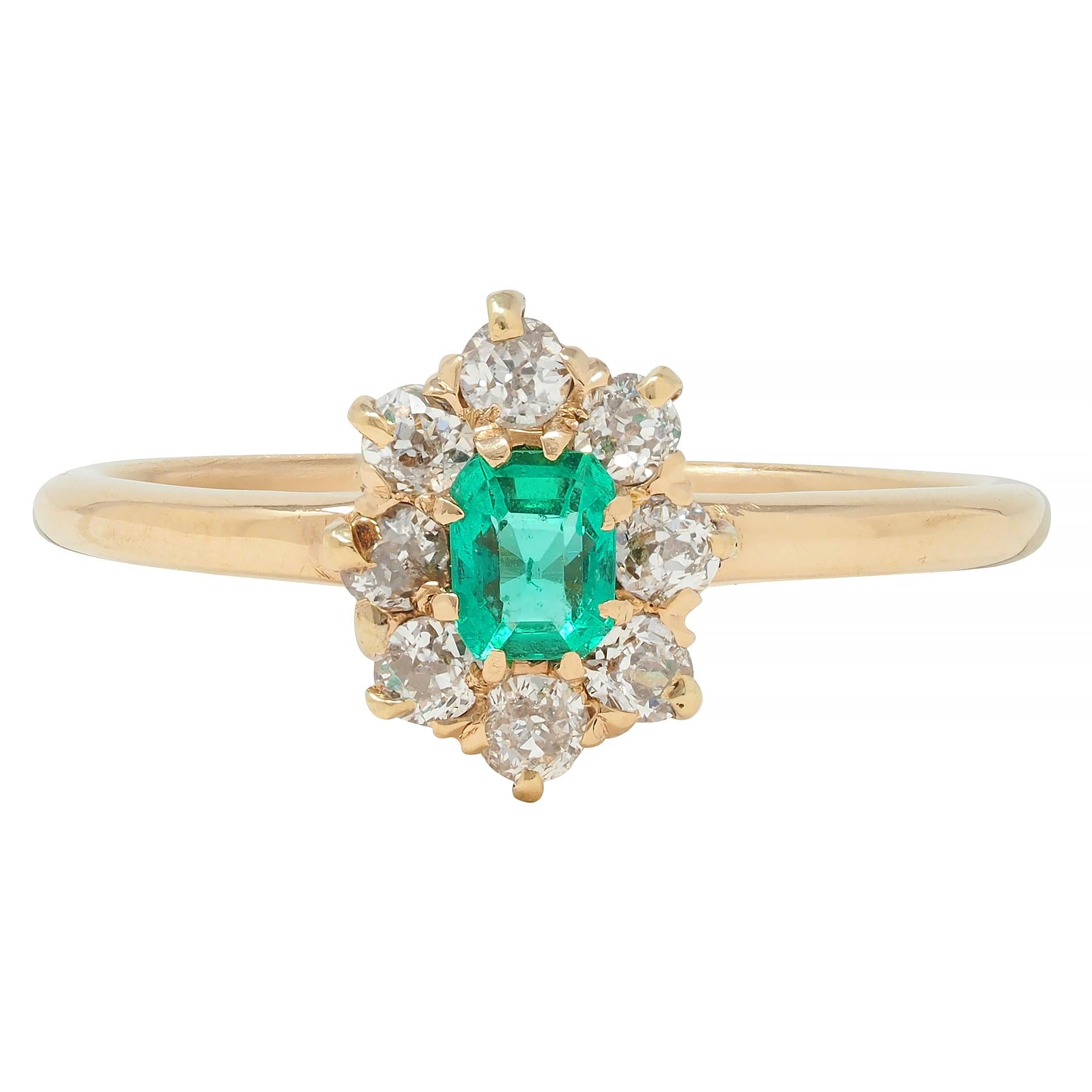 Victorian 0.41 CTW Emerald Diamond 14 Karat Yellow Gold Antique Cluster Ring