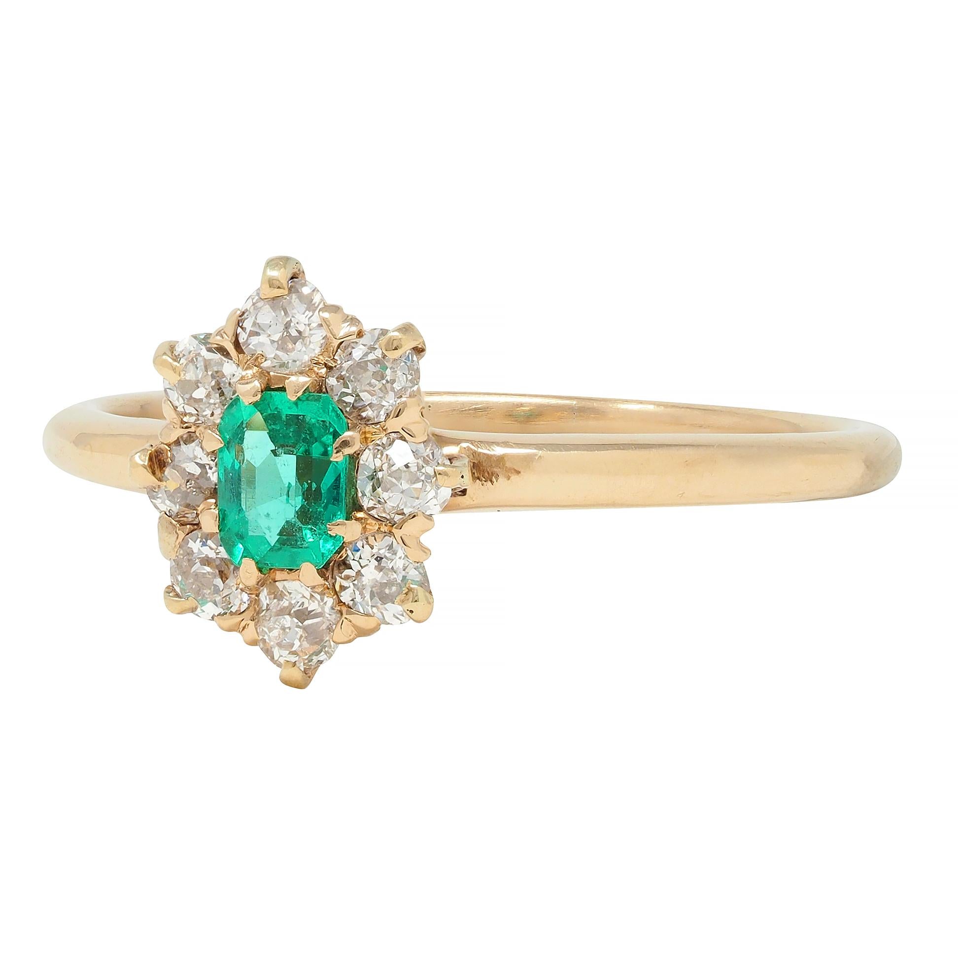 Victorian 0.41 CTW Emerald Diamond 14 Karat Yellow Gold Antique Cluster Ring