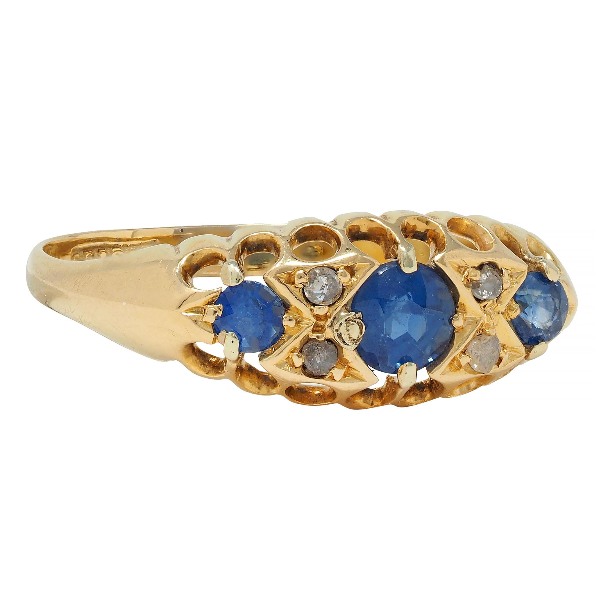 Victorian 1890 Sapphire Diamond 18 Karat Yellow Gold Three Stone Band Ring