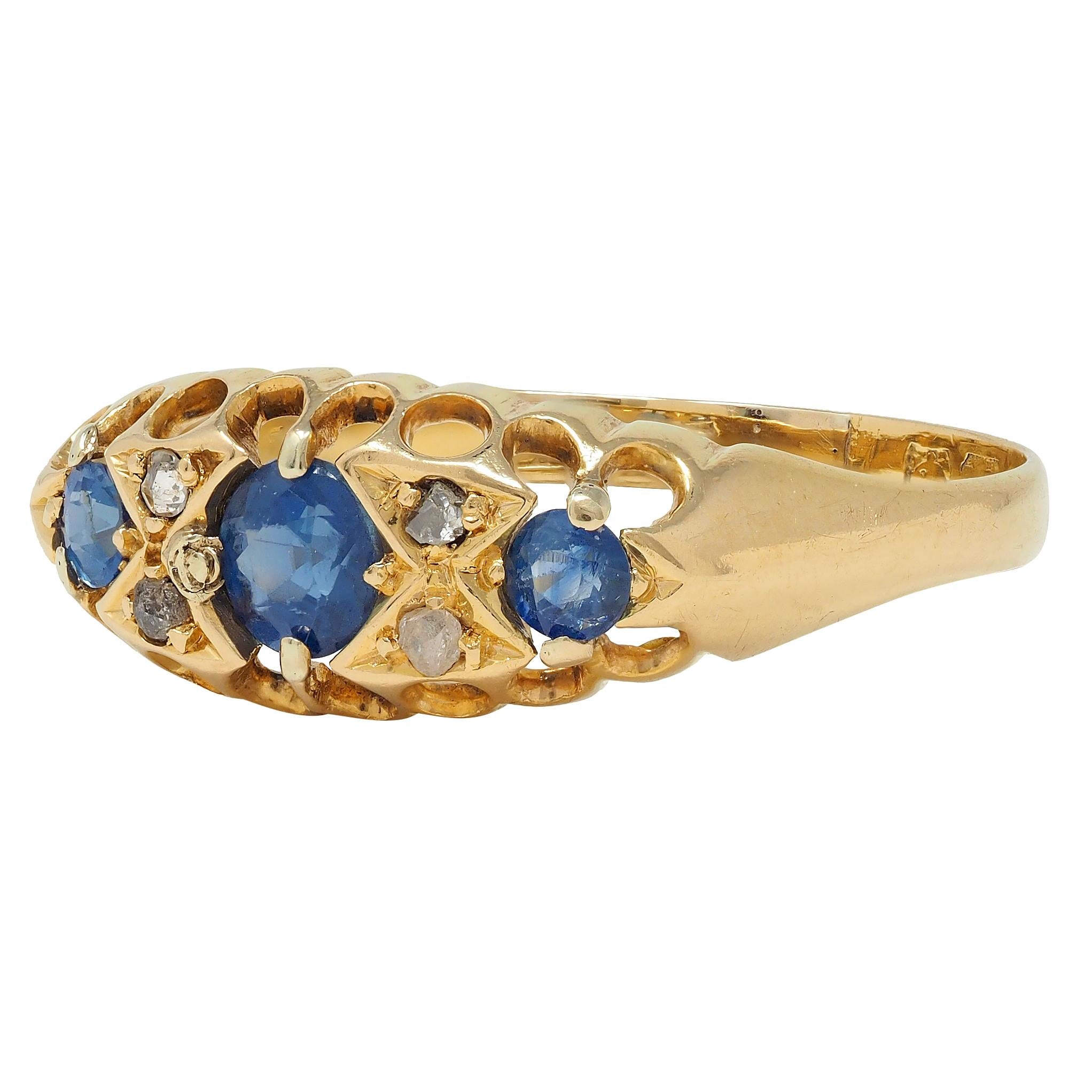 Victorian 1890 Sapphire Diamond 18 Karat Yellow Gold Three Stone Band Ring