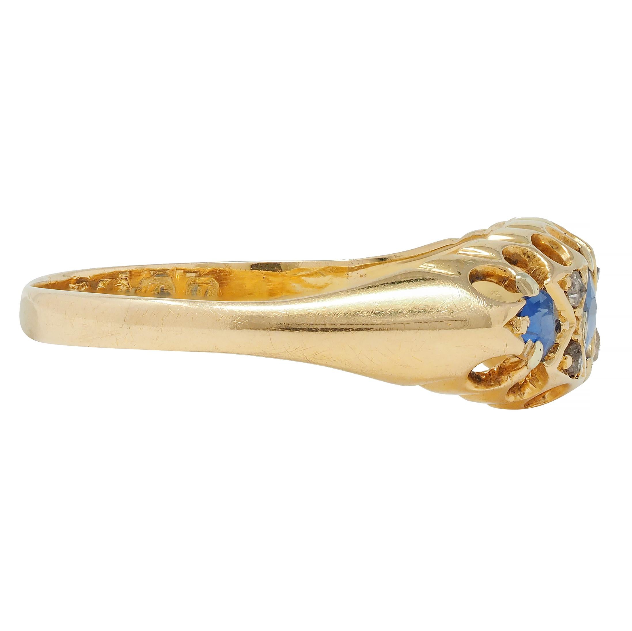 Victorian 1890 Sapphire Diamond 18 Karat Yellow Gold Three Stone Band Ring