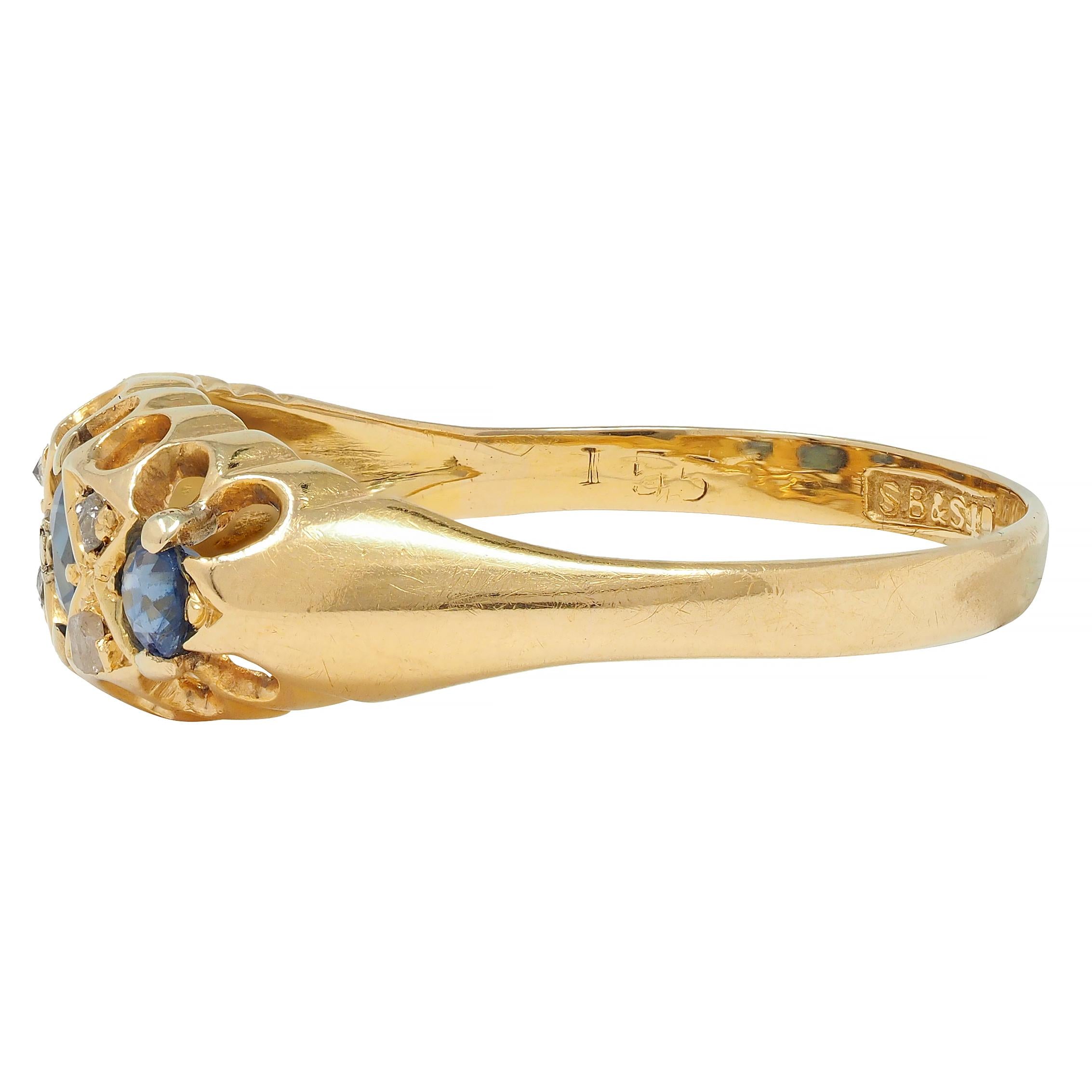 Victorian 1890 Sapphire Diamond 18 Karat Yellow Gold Three Stone Band Ring